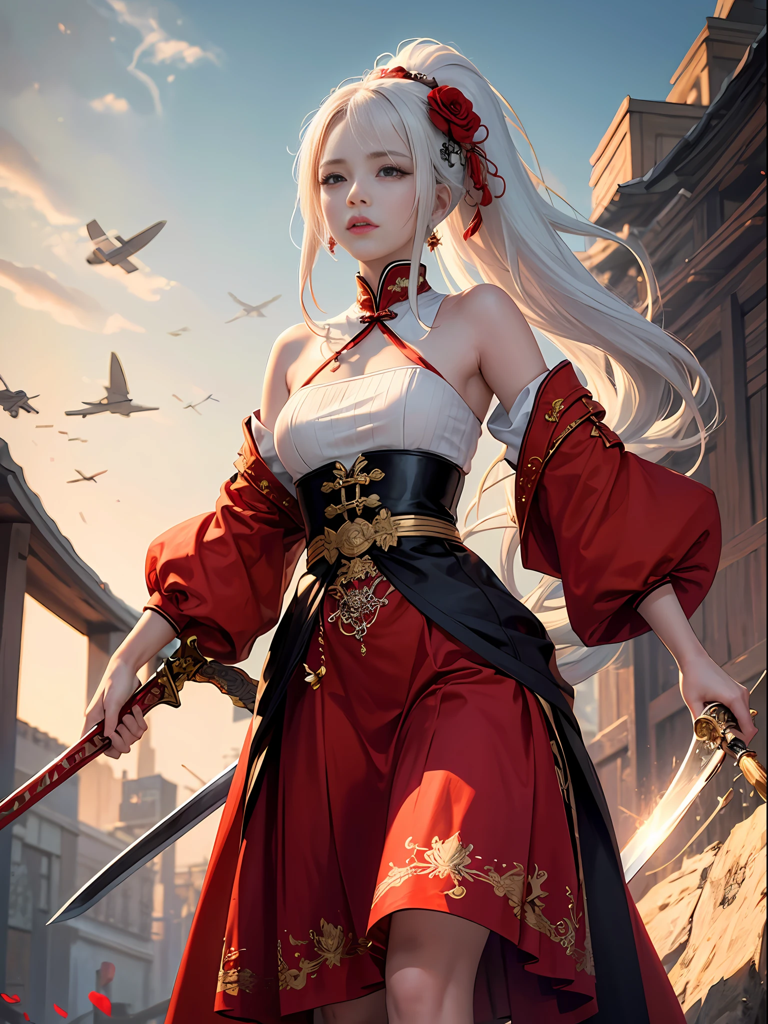 ((masterpiece, best quality, 4K)),1girl,solo,white hair, long hair,high ponytail,hair flower,red and yellow,themes,holding weapon,sword,chinese clothes, .