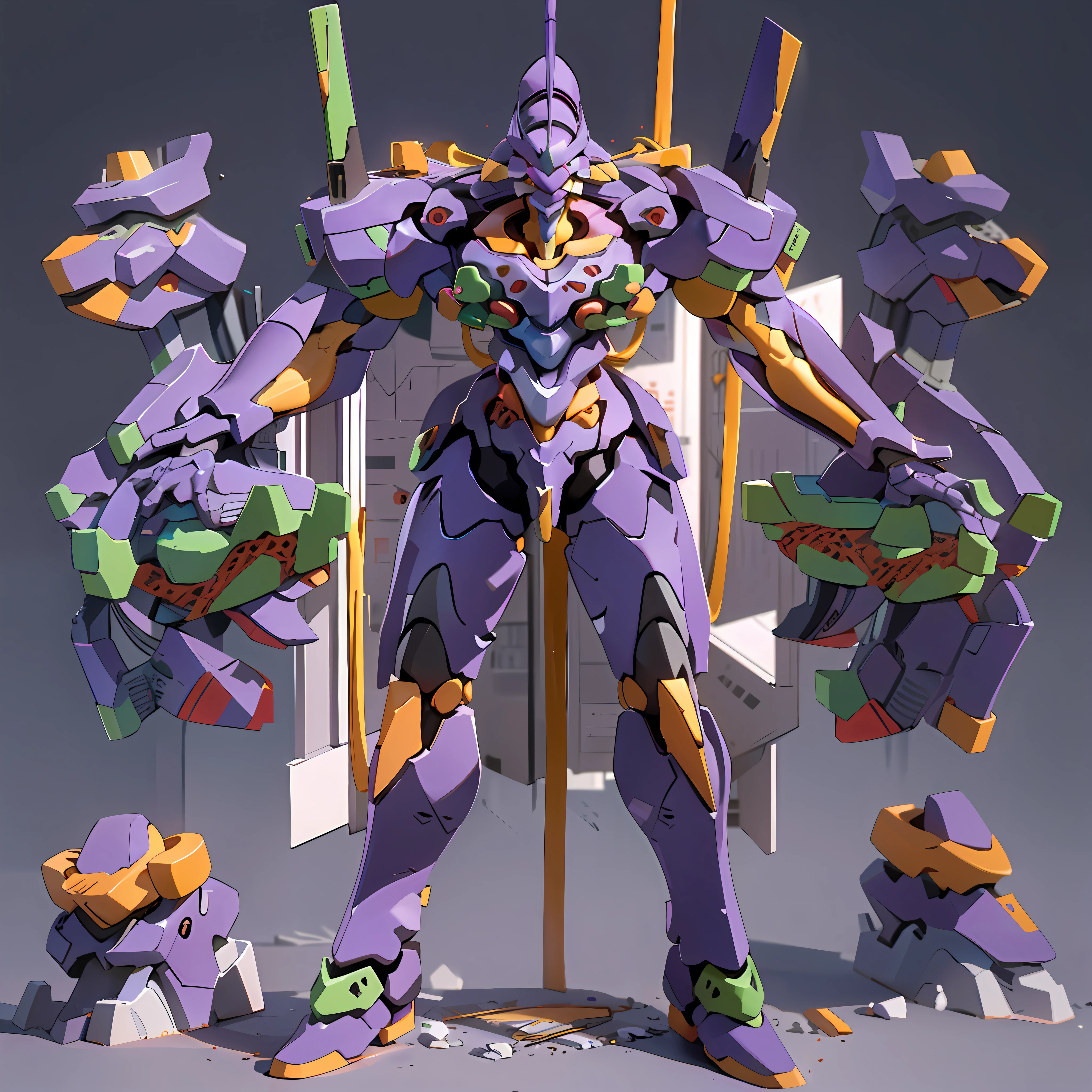EVA 01, Full Body, Chibi, Black and White Background, 8K, Best Quality, ((EVA 01), EVADI: 1.1), EVAGENLION, Concept Design, Science Fiction Character Design, Science Fiction, Giant Robot, Advanced Metal and Ceramic Mech, Precise EVA 02 Head Detail, High Tech, Huge Robot,