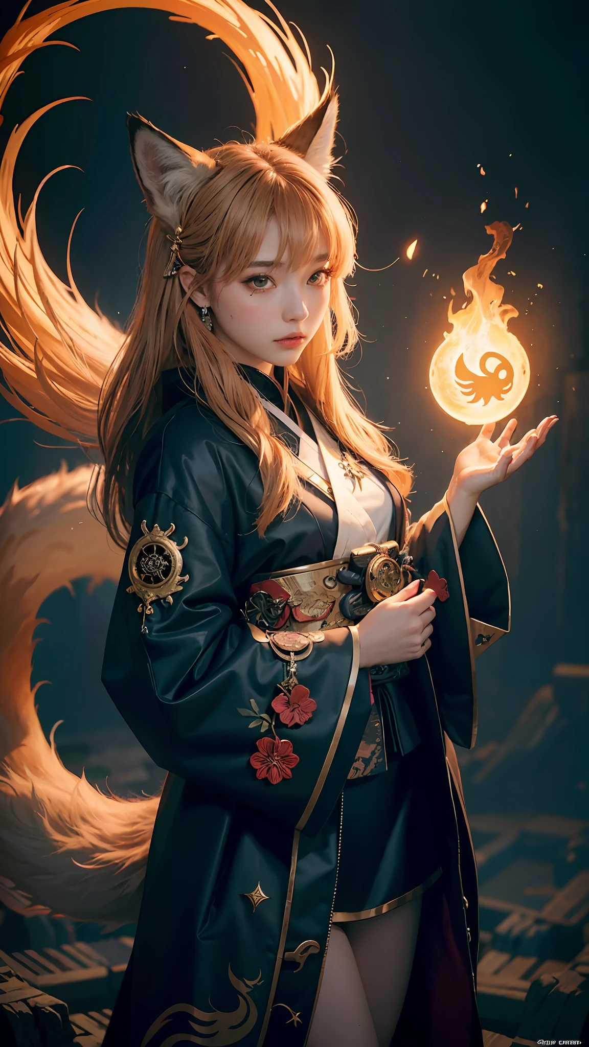 1girl,solo,
official art, unity 8k wallpaper, ultra detailed, beautiful and aesthetic, beautiful, masterpiece, best quality,
Kitsune witch, fox mask, haori jacket, foxfire spell, fox familiar, transformation,