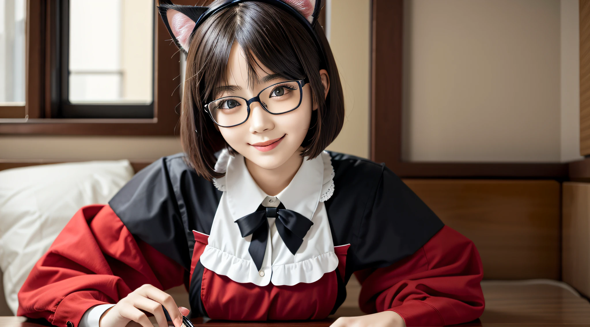 Top Quality, Masterpiece, High Detail, Most Realistic, High Definition,  Japan Beautiful Girl, Cat Ears, Maid Clothes, Red-rimmed Glasses, Looking Here, Smile, Bob Cut