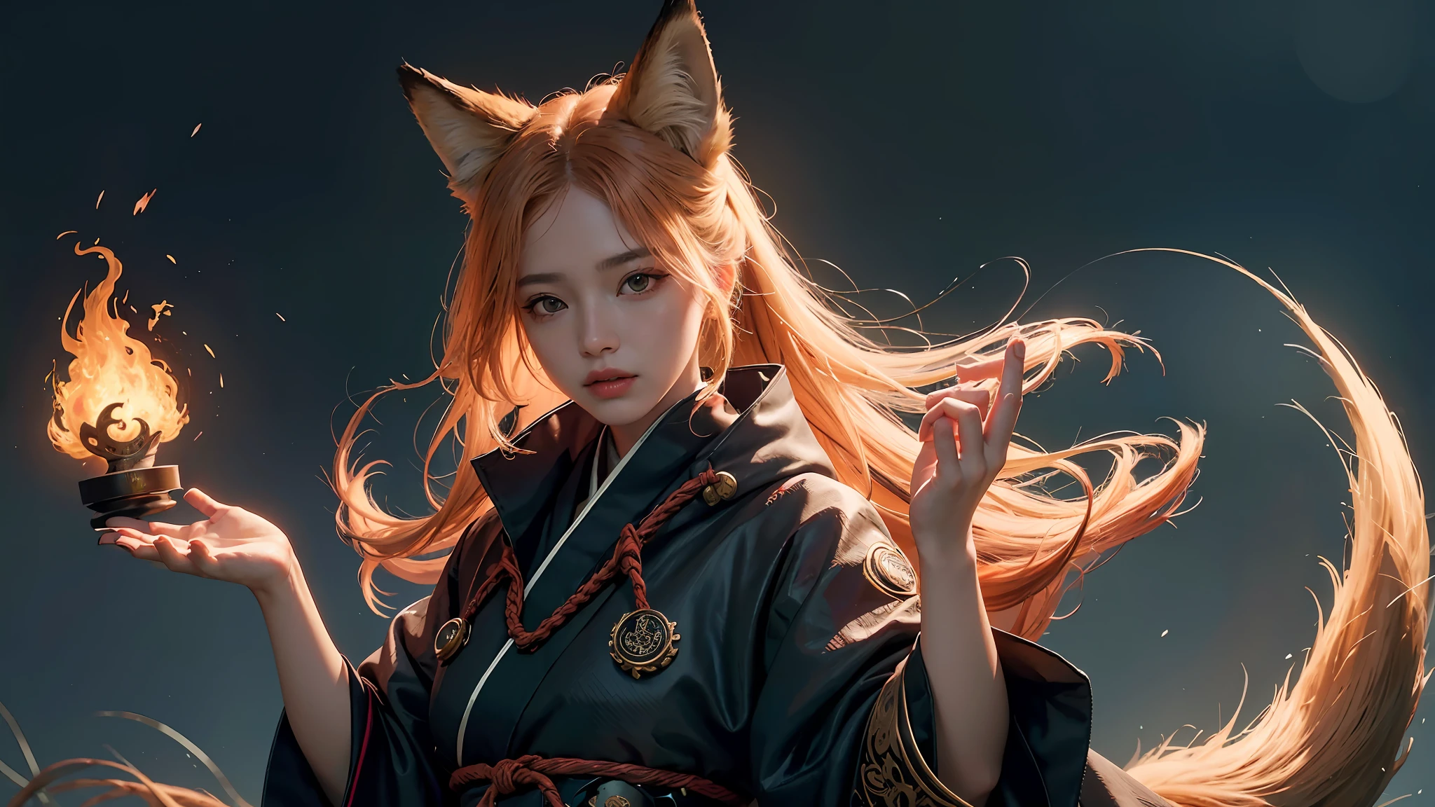1girl,solo,
official art, unity 8k wallpaper, ultra detailed, beautiful and aesthetic, beautiful, masterpiece, best quality,
Kitsune witch, fox mask, haori jacket, foxfire spell, fox familiar, transformation,