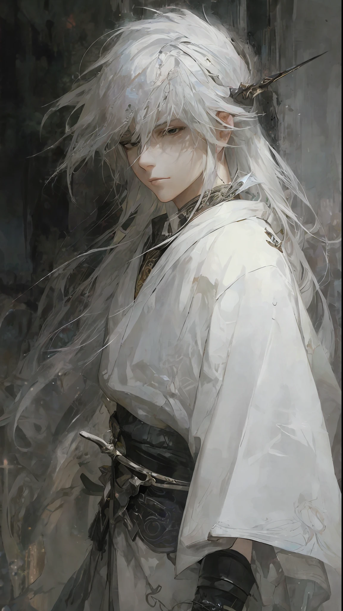 a close up of a person with white hair and a sword, white haired deity, with white long hair, with long white hair, artwork in the style of guweiz, white haired, guweiz, handsome guy in demon slayer art, beautiful character painting, by Yang J, white-haired, guweiz on pixiv artstation, anime character