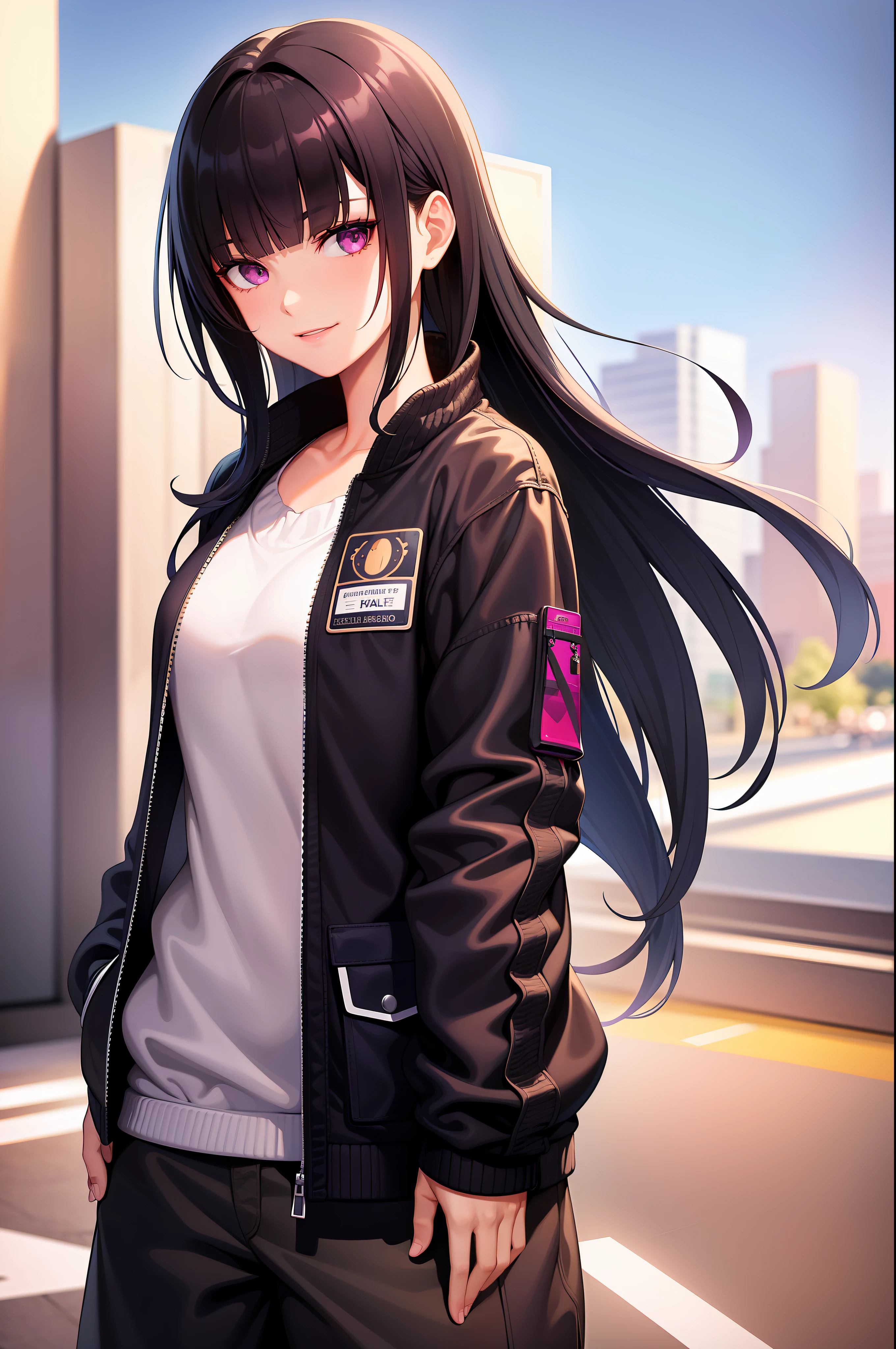 1girl, black hair, blunt bangs, long hair, purple eyes, street jacket, bestquality, realistic, realism, smile, seductive