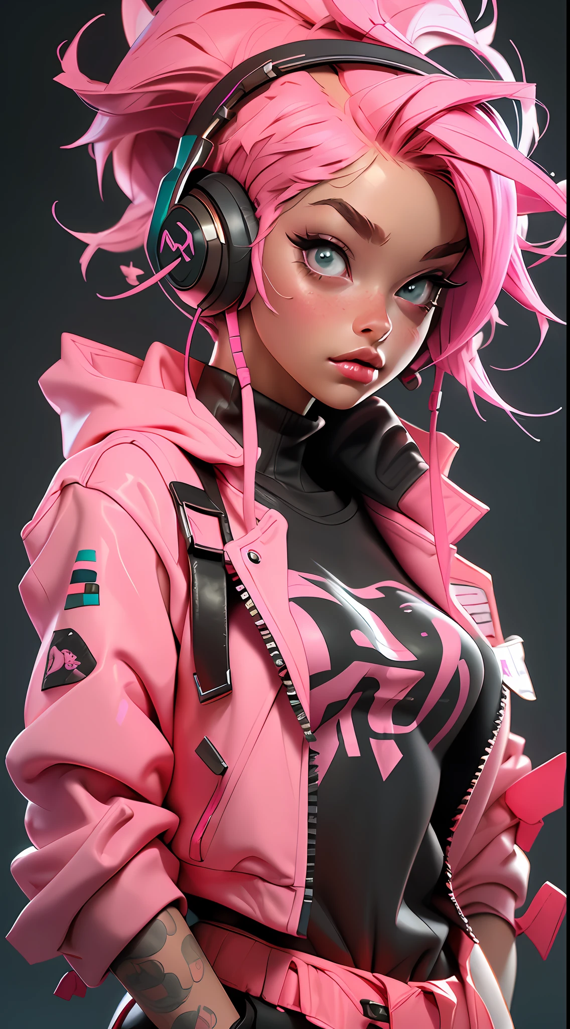 ((Best quality)), ((masterpiece)), ((realistic)) and ultra-detailed photography of a 1nerdy girl with neon headphones. She has ((pink hair)), is wearing an orange techwear jacket, and exudes a ((beautiful and aesthetic)) vibe.