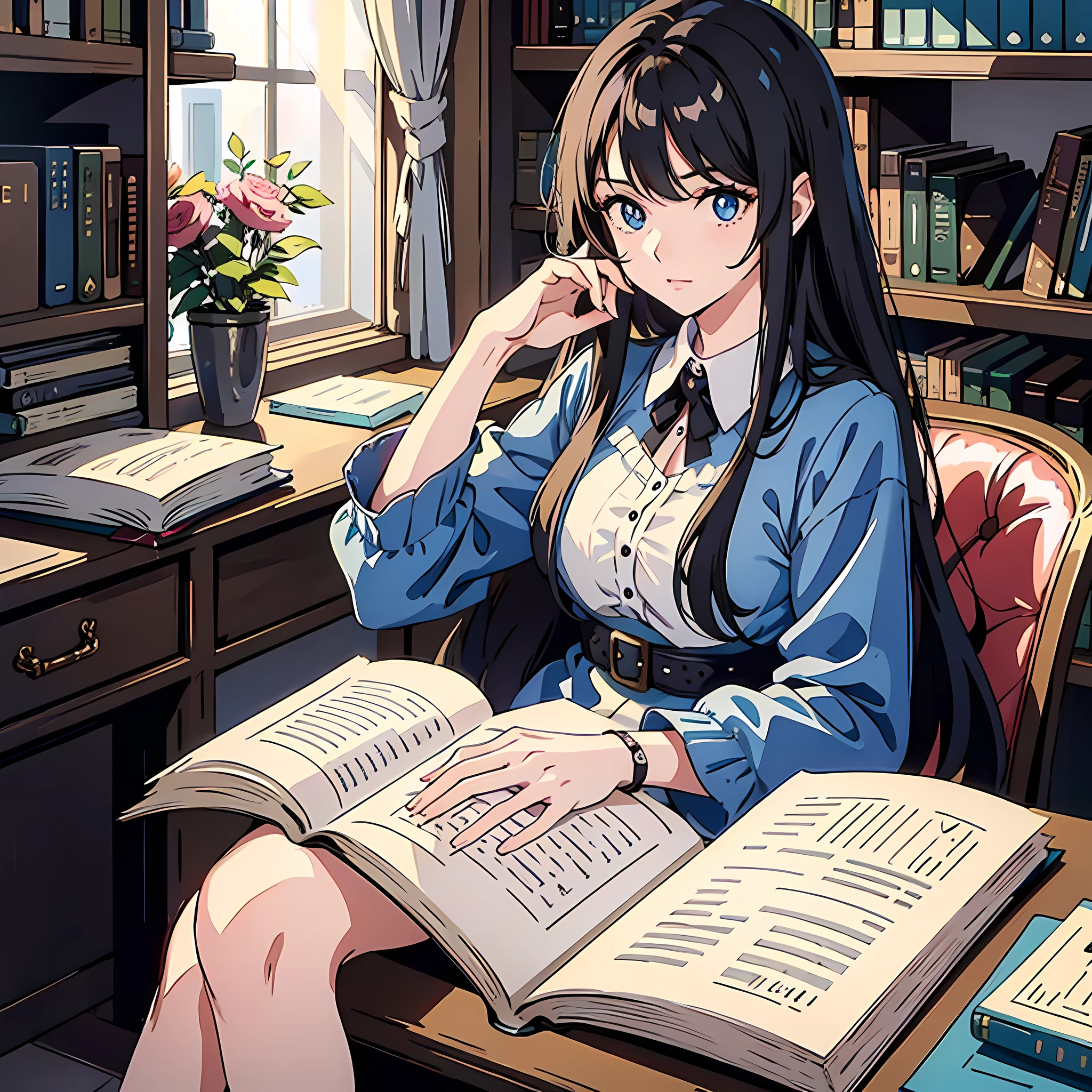 1 woman, long black hair, blue pupils, delicate face, white dress, sitting in the library, writing test papers, masterpieces, the best quality