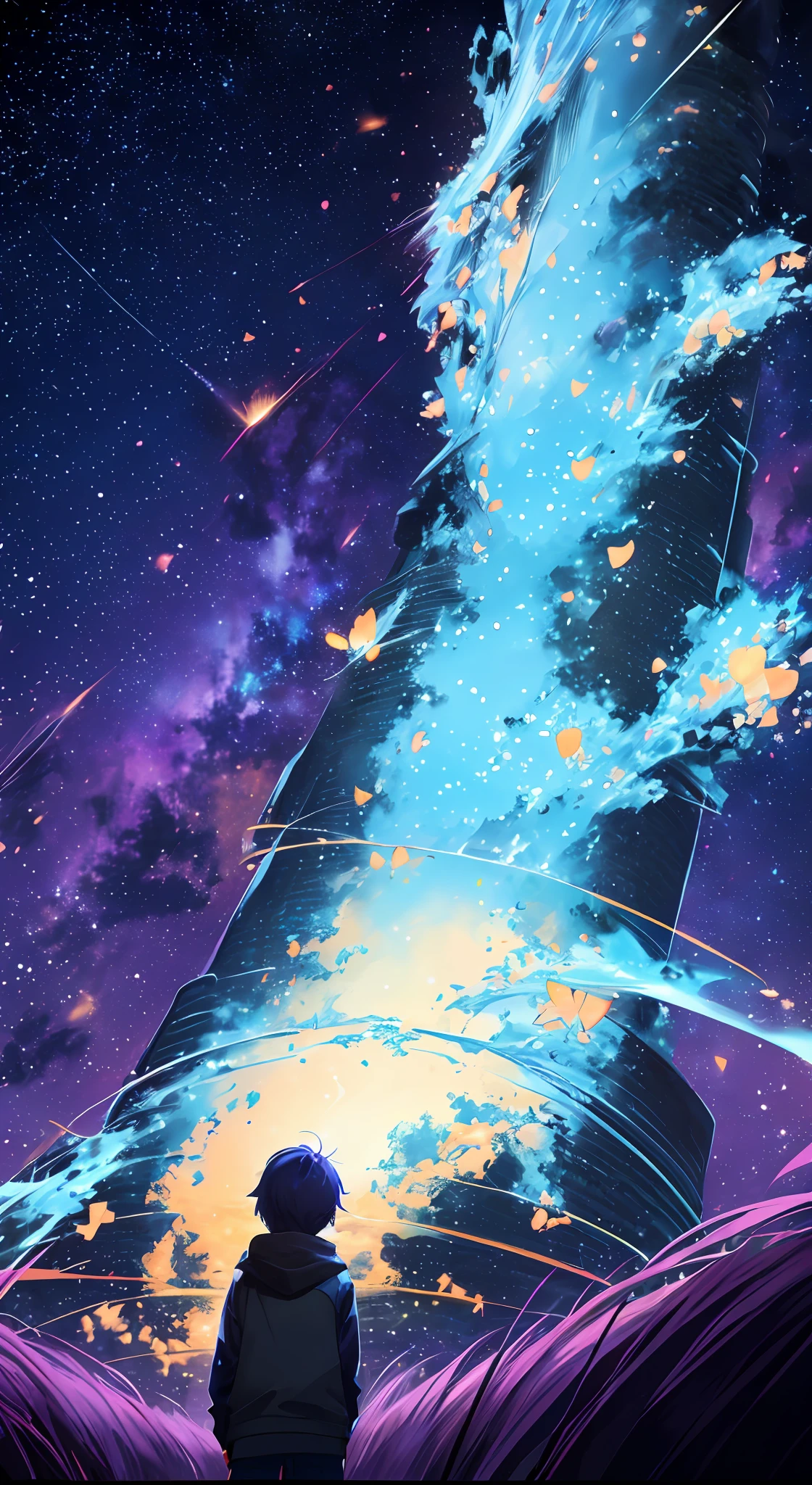 (Highers, ultra detailed, cinematic, UHD), night, mountain, dark sky, (big moon in the sky), galaxy in the sky, nebula in the sky, snowy, (old western bulding) , purple flower field, warm, orange, blue, purple, detailed building, detailed field, detailed sky, shooting star from above, dreamy, magical, boy looking at the sky, light particle, fireflies