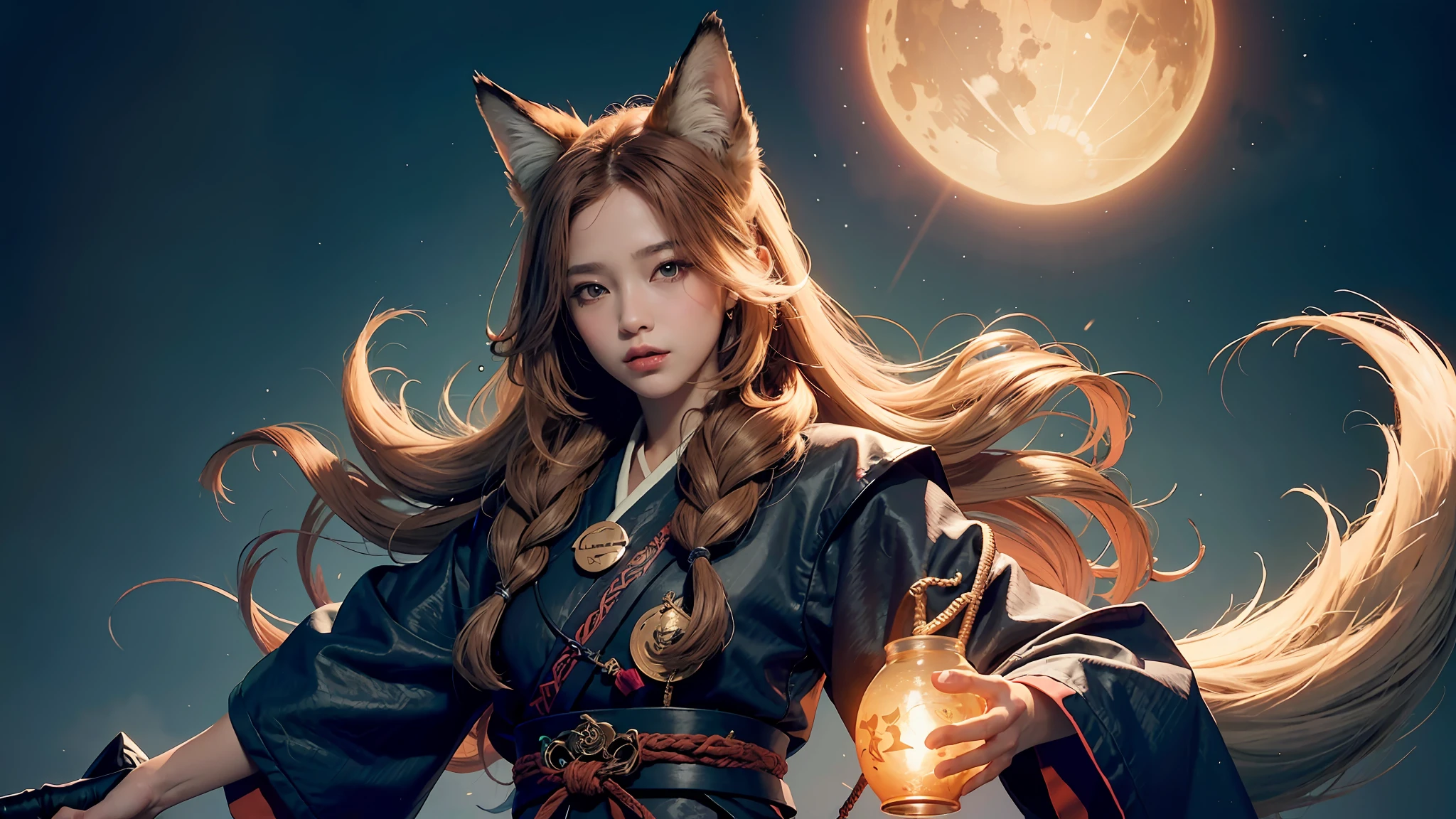 1girl,solo,
official art, unity 8k wallpaper, ultra detailed, beautiful and aesthetic, beautiful, masterpiece, best quality,
Kitsune witch, fox mask, haori jacket, foxfire spell, fox familiar, transformation,