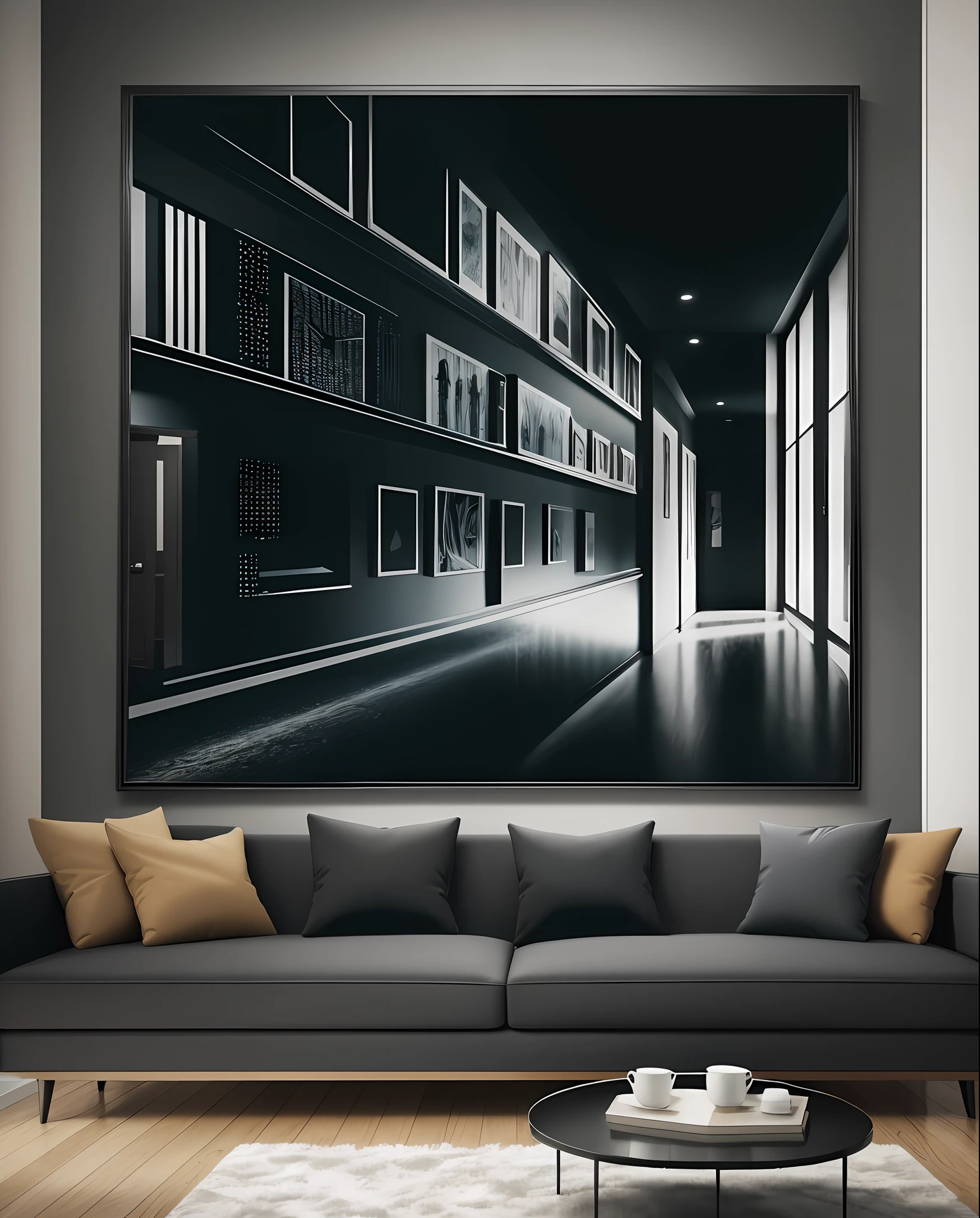 very large picture with black frame on wall at home hallway background --auto --s2