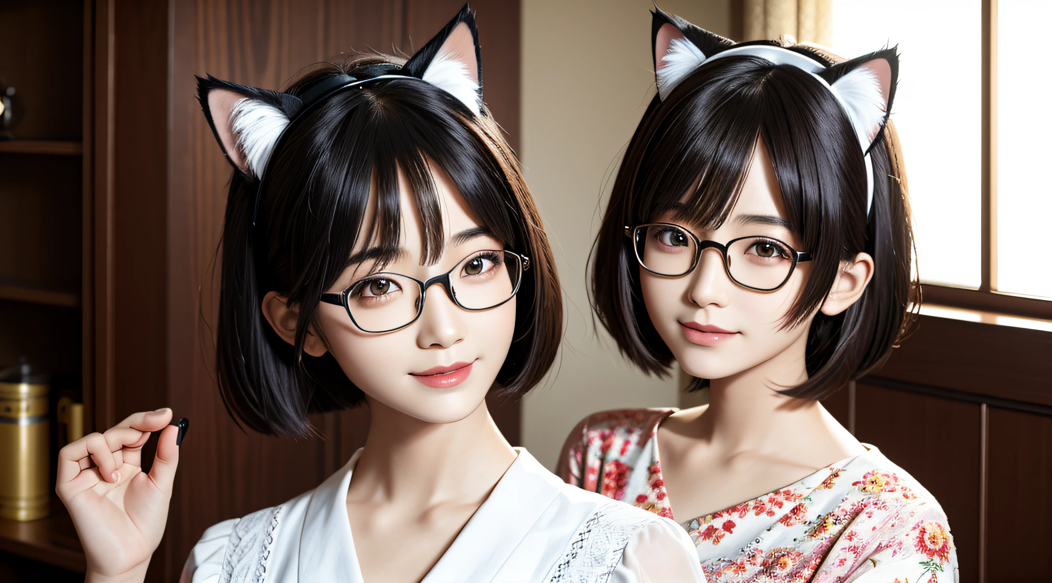 Top Quality, Masterpiece, High Detail, Most Realistic, High Definition, Japan Beautiful Girl, Cat Ears, Maid Clothes, Red-rimmed Glasses, Looking Here, Smile, Bob Cut