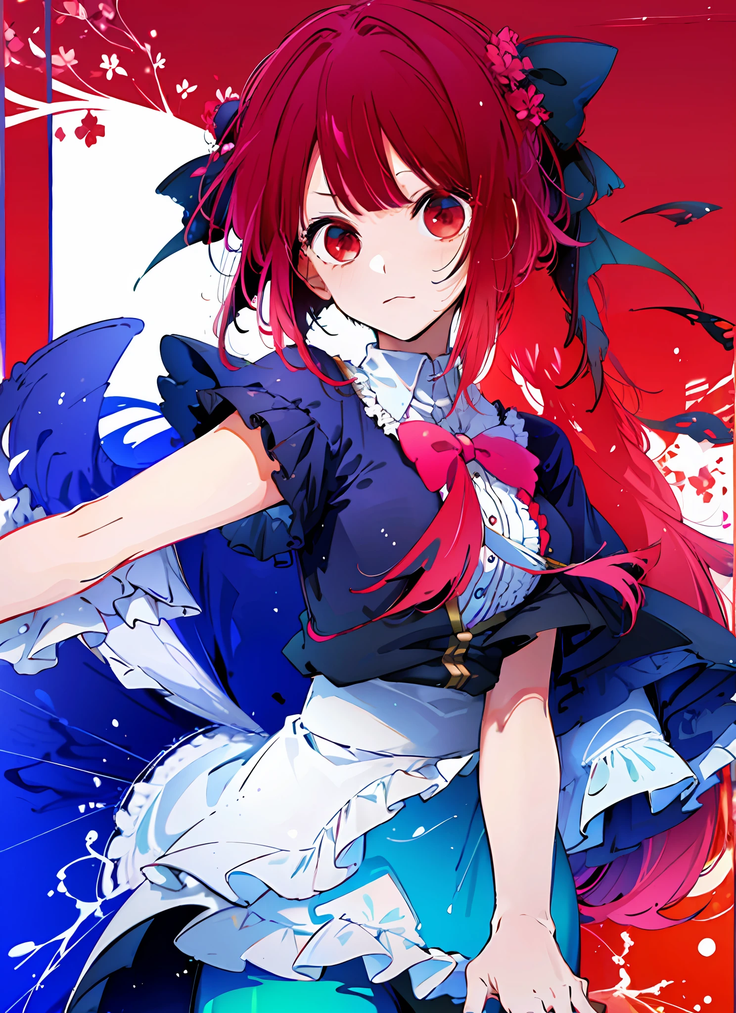 (flat color:1.3),(colorful:1.3),(masterpiece:1.2), best quality, masterpiece, original, extremely detailed wallpaper, looking at viewer,1girl,solo,floating colorful water, red hair, red eyes, medium breast