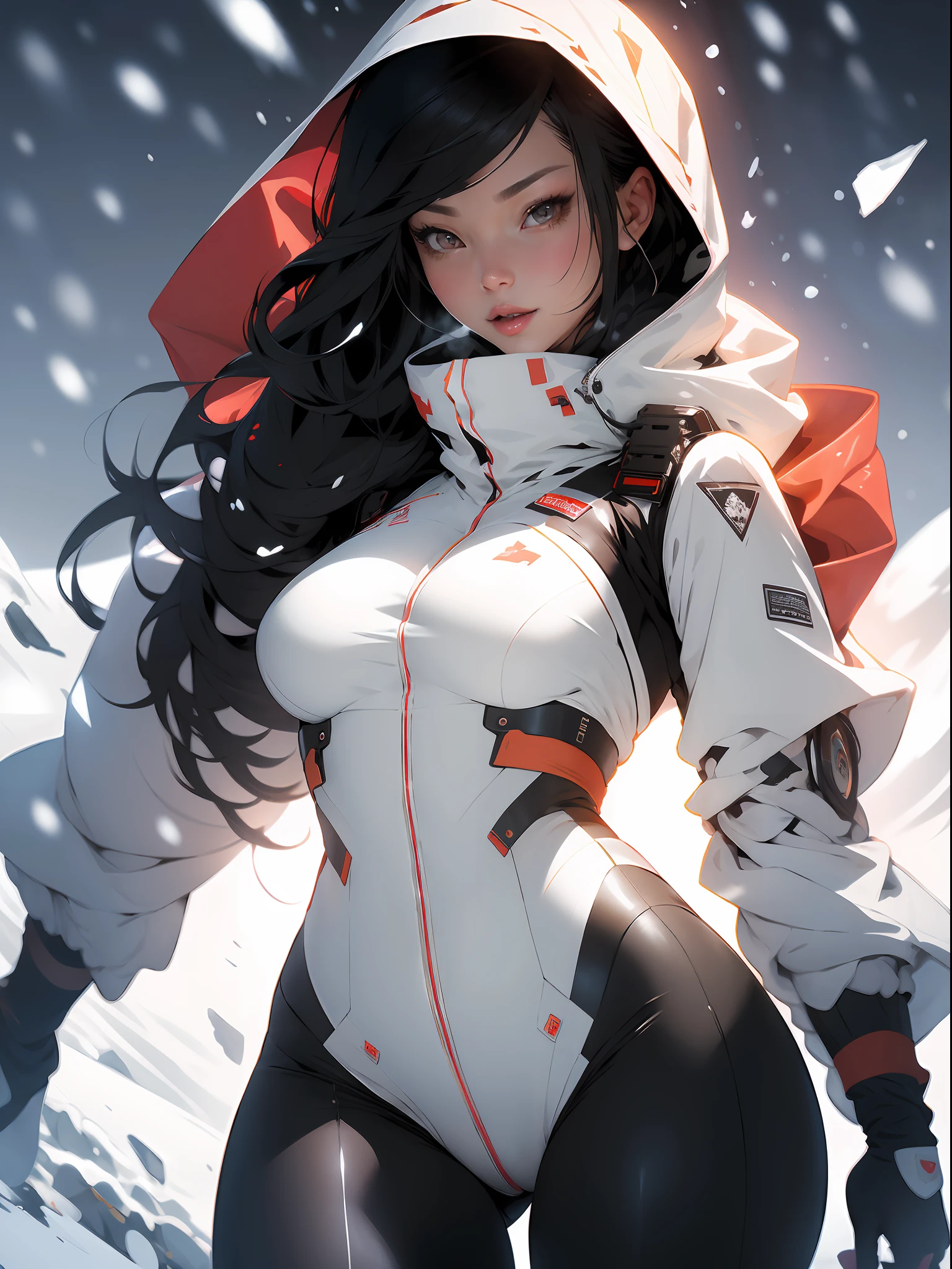 (((White fur clothing))), ((hood covering head)), ((Best quality)), ((masterpiece)), (detailed: 1.4), (Nonsense), ((ouka_studio)), (((snow))), snow white camouflage, Asian female fighter pilot ready for war, front walking, head covered by a leather hood and yak skin, defined muscular sculptural body, half-thick thighs covered by a wide fabric pants,  mouth closed, muscular body covered by technological clothing on top, Eskimo clothing, generous neckline, ((perfect medium breasts)), (brown pulled eyes without pupils), ((totally white and red clothing)), (((hair fulfilled half black, half white bangs on forehead)))), (leather glove and yak skin), long eyelashes heavy makeup, mini skirt, garter belt, by mucha, niji --V5,  near real, psychopathic, crazy face, sexy pose, background with icy mountains, 2 piece clothing, pastel, centered, scale to fit dimensions, HDR (High Dynamic Range),Ray Tracing,NVIDIA RTX,Super-Resolution,Unreal 5,Subsurface dispersion, PBR texture, Post-processing, Anisotropic filtering, Depth of field, Maximum clarity and sharpness, Multilayer textures, Albedo and specular maps, Surface shading,  Accurate simulation of light-material interaction, Perfect proportions, Octane Render, Two-tone lighting, Wide aperture, Low ISO, White balance, Rule of thirds, 8K RAW, crysisnanosuit