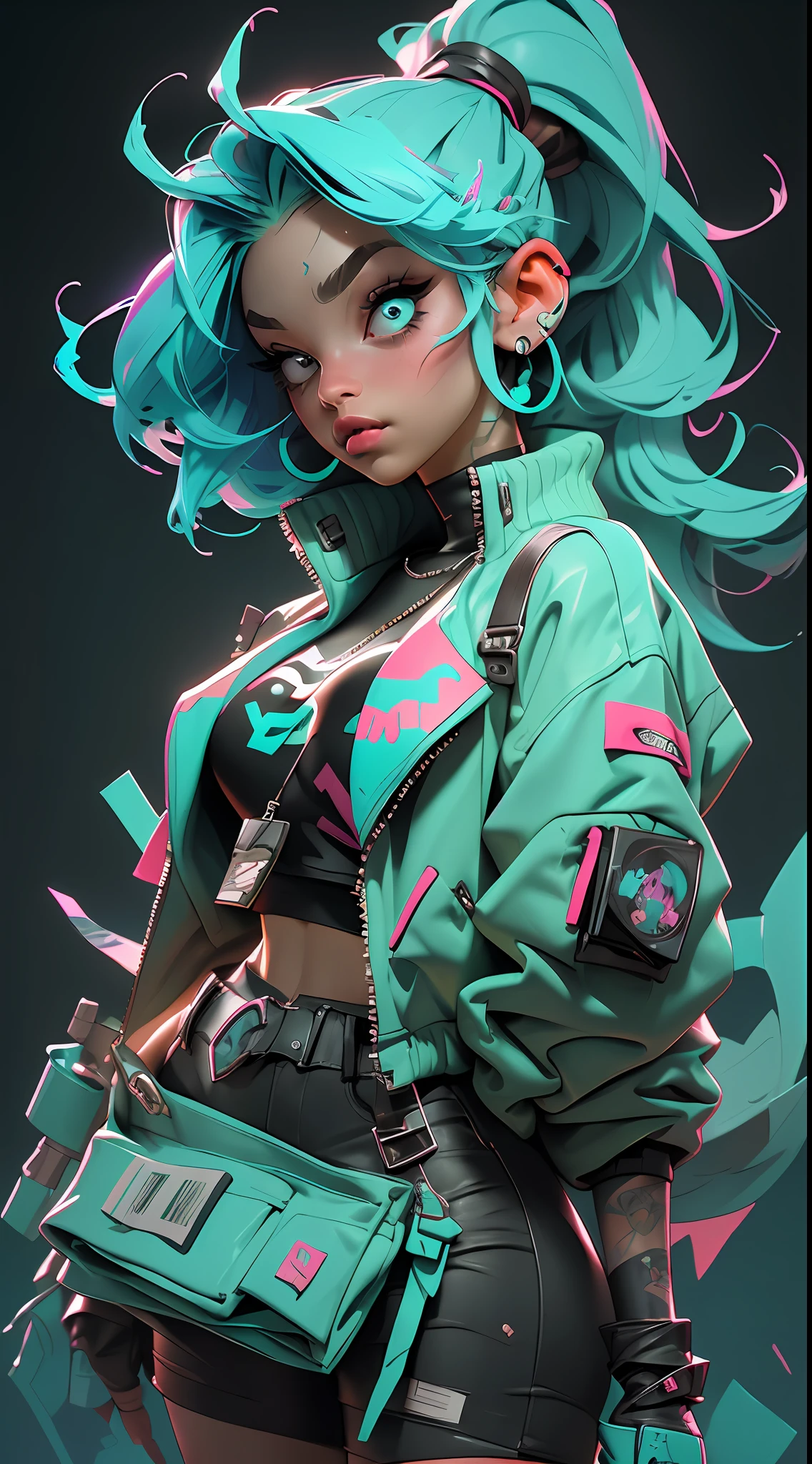 ((Best Quality)), ((Masterpiece)), ((Realistic)) and ultra-detailed photography of a 1nerdy girl with goth and neon colors. She has ((turquoise hair)), wears a techwear jacket and exudes a vibe ((beautiful and aesthetic)).