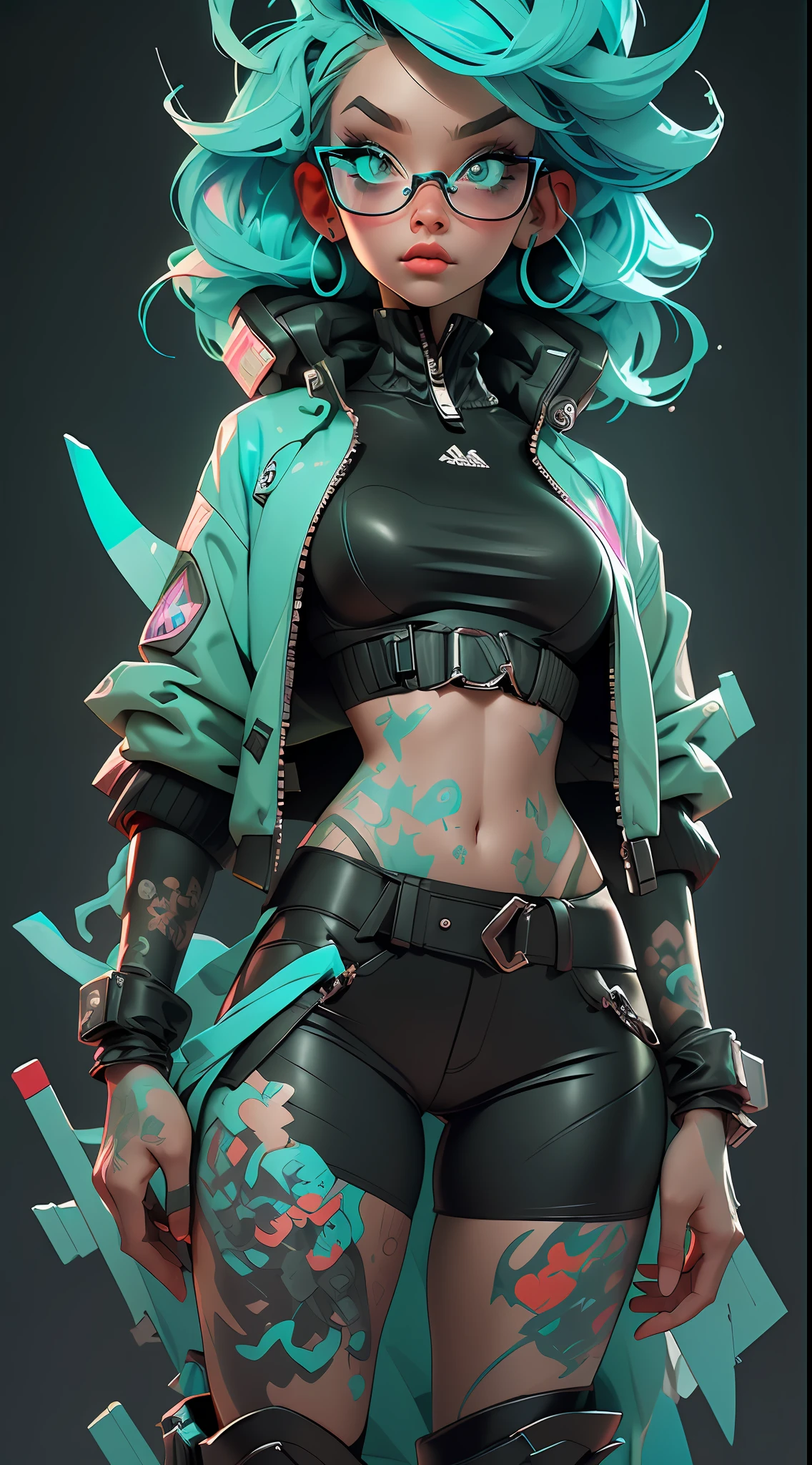 ((Best Quality)), ((Masterpiece)), ((Realistic)) and ultra-detailed photography of a 1nerdy girl with goth and neon colors. She has ((turquoise hair)), wears a techwear jacket and exudes a vibe ((beautiful and aesthetic)).