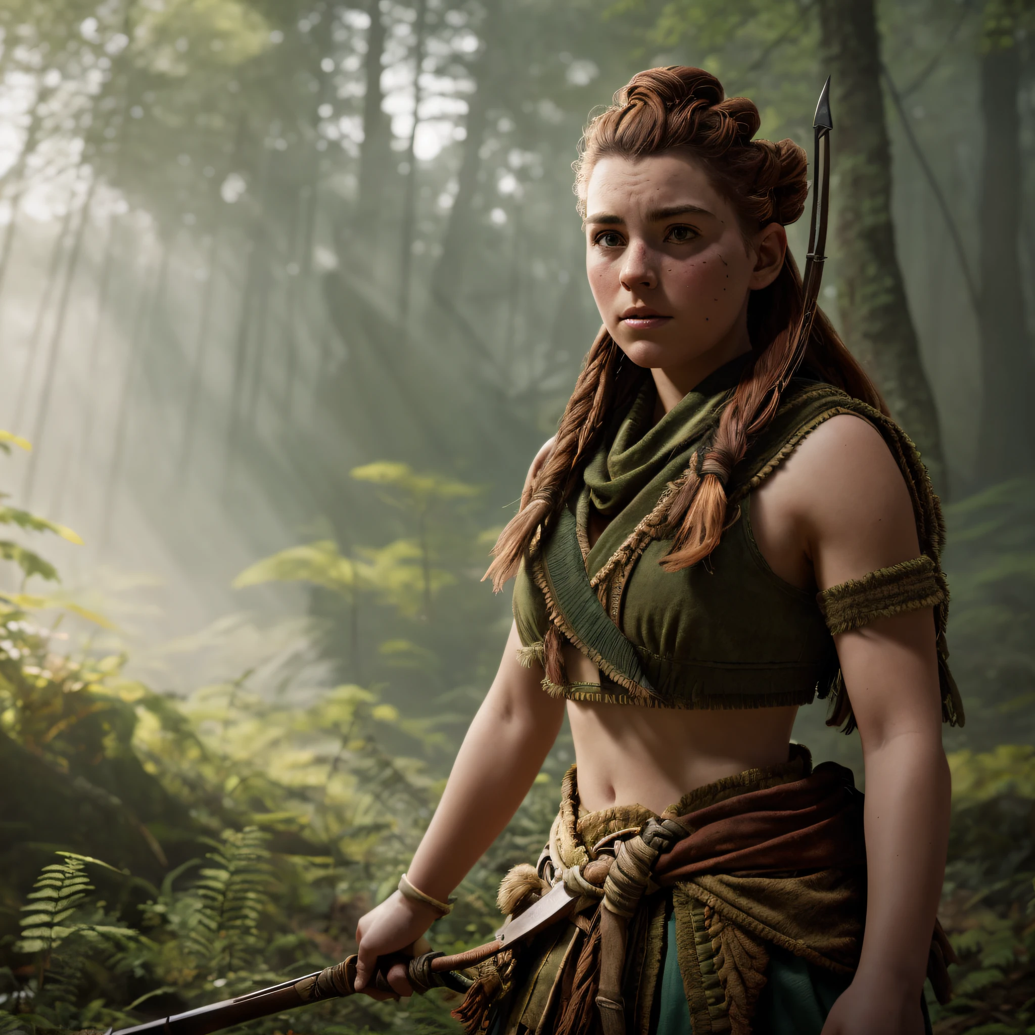 photo of aloy in forest, holding bow, masterpiece, best quality, highest quality, cinematic lighting, (volumetric lighting), extremely detailed CG unity 8k wallpaper, focused, 8k wallpaper, 4k wallpaper, extremely detailed, ultra realistic, photorealistic, sharp focus, HDR, (high contrast), photograph, detailed and intricate, instagram, portrait, highly detailed, sharp focus, illustration, cinematic lighting
