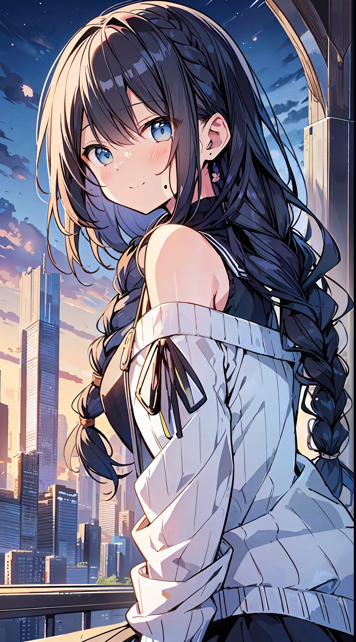 Top Quality, Best Masterpiece, Ultra High Definition, 8K, Light Blue Sweater, Anime Style Little Loli, Single, Ultra Detailed Line Art, Digital Enhancement, Anime Core, Flowing Fabric, Close Up, ((Hair length to shoulder mouth and short braid)), staring at us from the front, soft drawing, beautiful black hair, crisp eyes, smile, ultra-detailed digital anime art, Ultra-detailed anime character art, ultra-detailed manga style, top quality colors, hand gestures, cityscape with nature