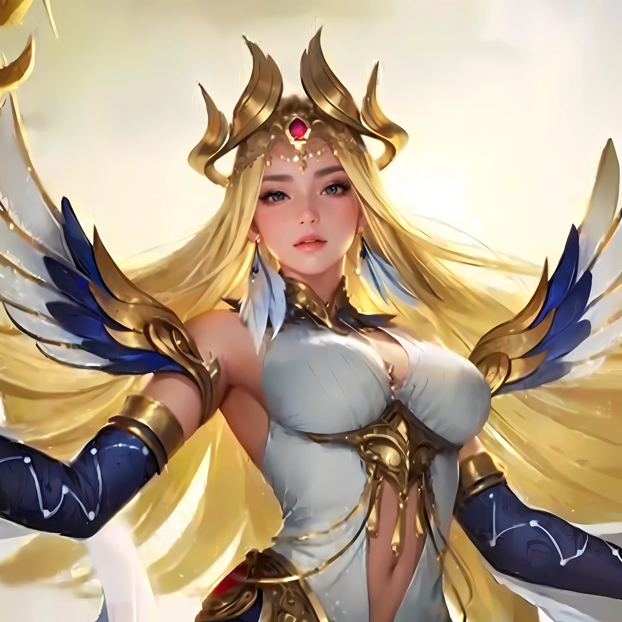 ((masterpiece,best quality,highest quality,illustration,intricate details)),1 girl, blonde hair, goddes, gold ornament, feather earring