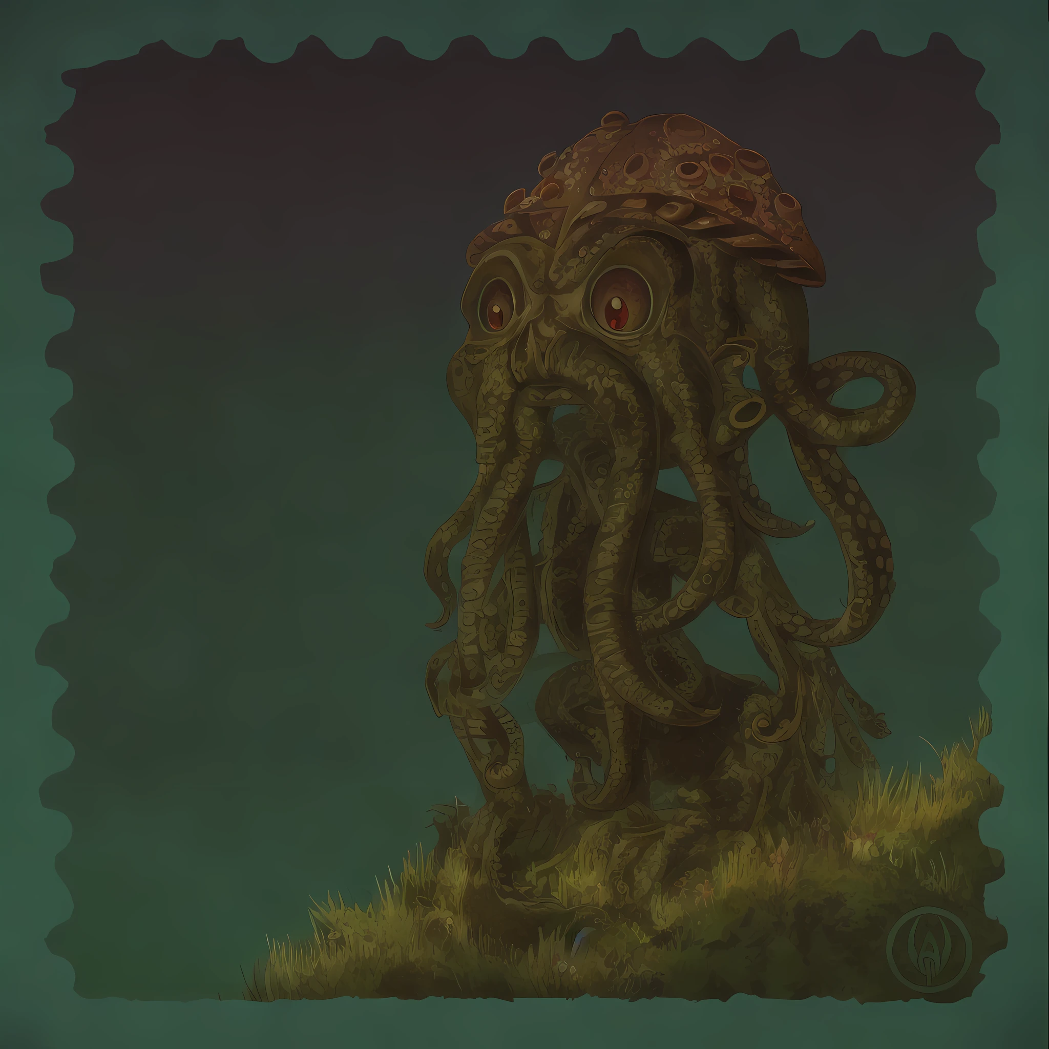 There is a cartoon octopus with a hat on its head, large bat wings on its back, anthropomorphic octopus, cthulu, tentacle monster, cthulu portrait, cthulhu squid, lovecraft monster, cthulhu, tentacle creatures mix, tentacle beast, lovecraftian monster, lovecraftian creature with large bat wings on the back.