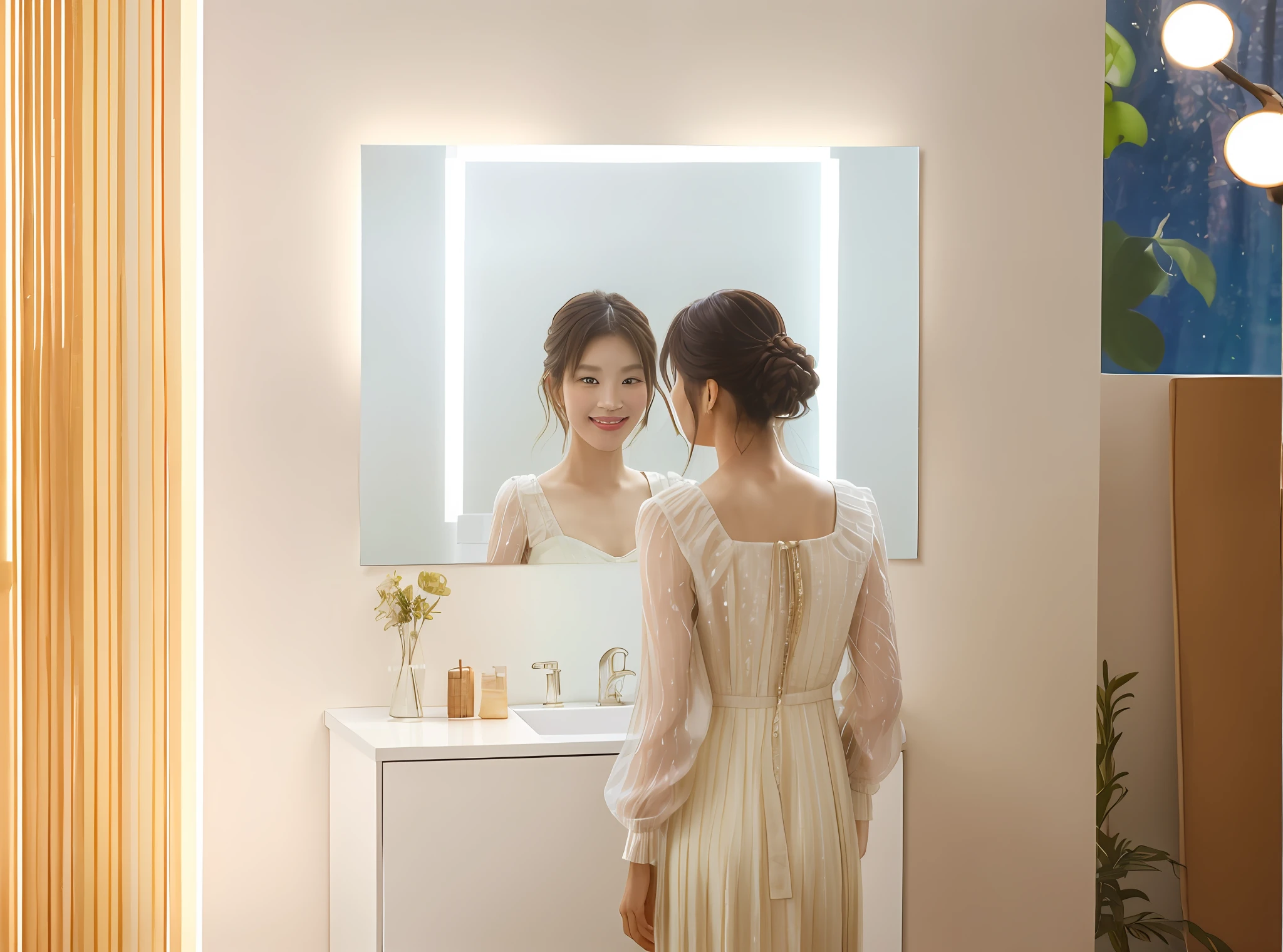 There is a woman in a dress looking at the reflection in the mirror, smile, high detail, UHD, textured skin, best quality, highres, super detail, high quality, mirror, morning light, korean artist, product photo, siena, morning light, morning light, glowing scene, halo, product introduction photo, radiant morning light, golden guard, with mirror