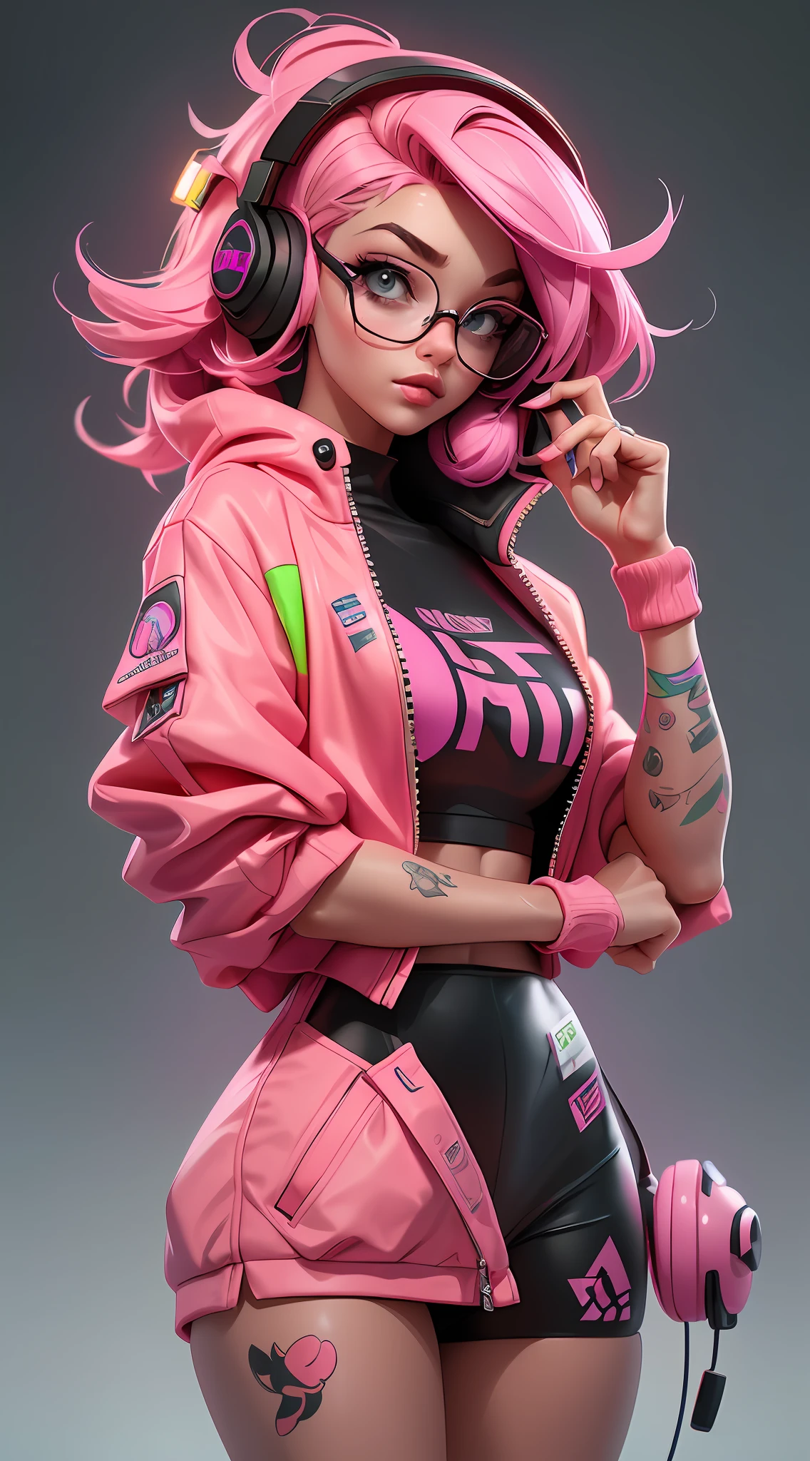 ((Best quality)), ((masterpiece)), ((realistic)) and ultra-detailed photography of a 1nerdy girl with neon headphones. She has ((pink hair)), is wearing an orange techwear jacket, and exudes a ((beautiful and aesthetic)) vibe.