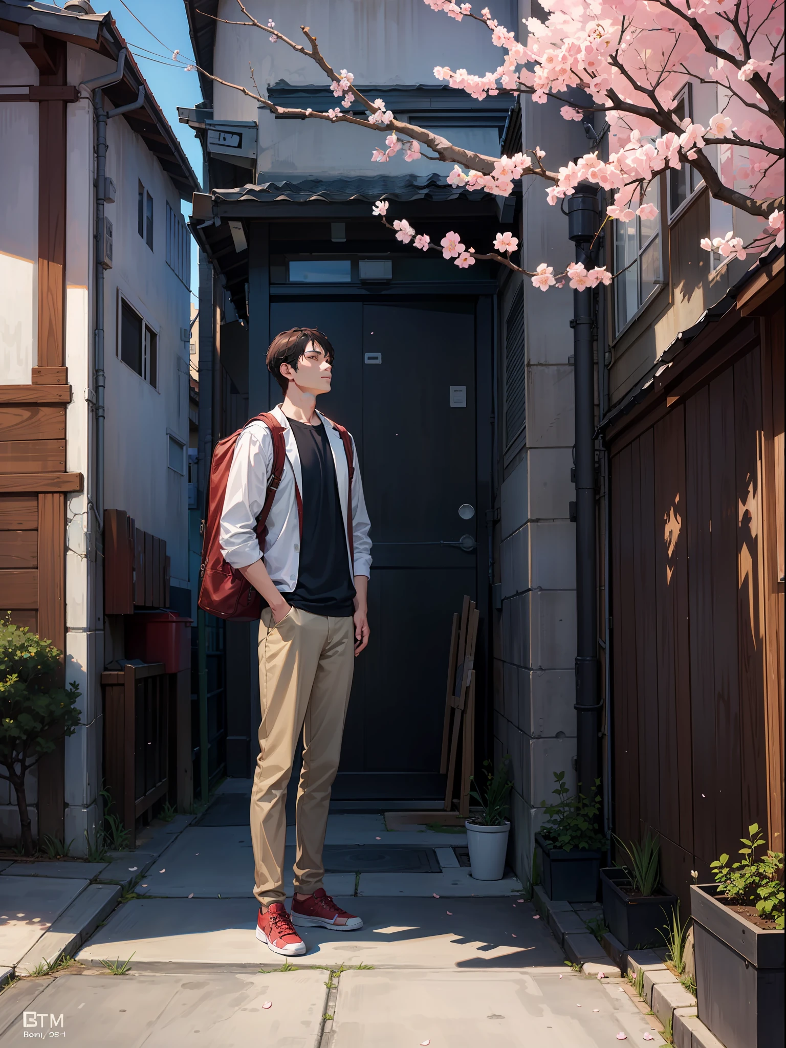 A thirty-year-old man stands on the road, next to a wall, with a cherry blossom tree, a masterpiece, detailed, exquisite picture