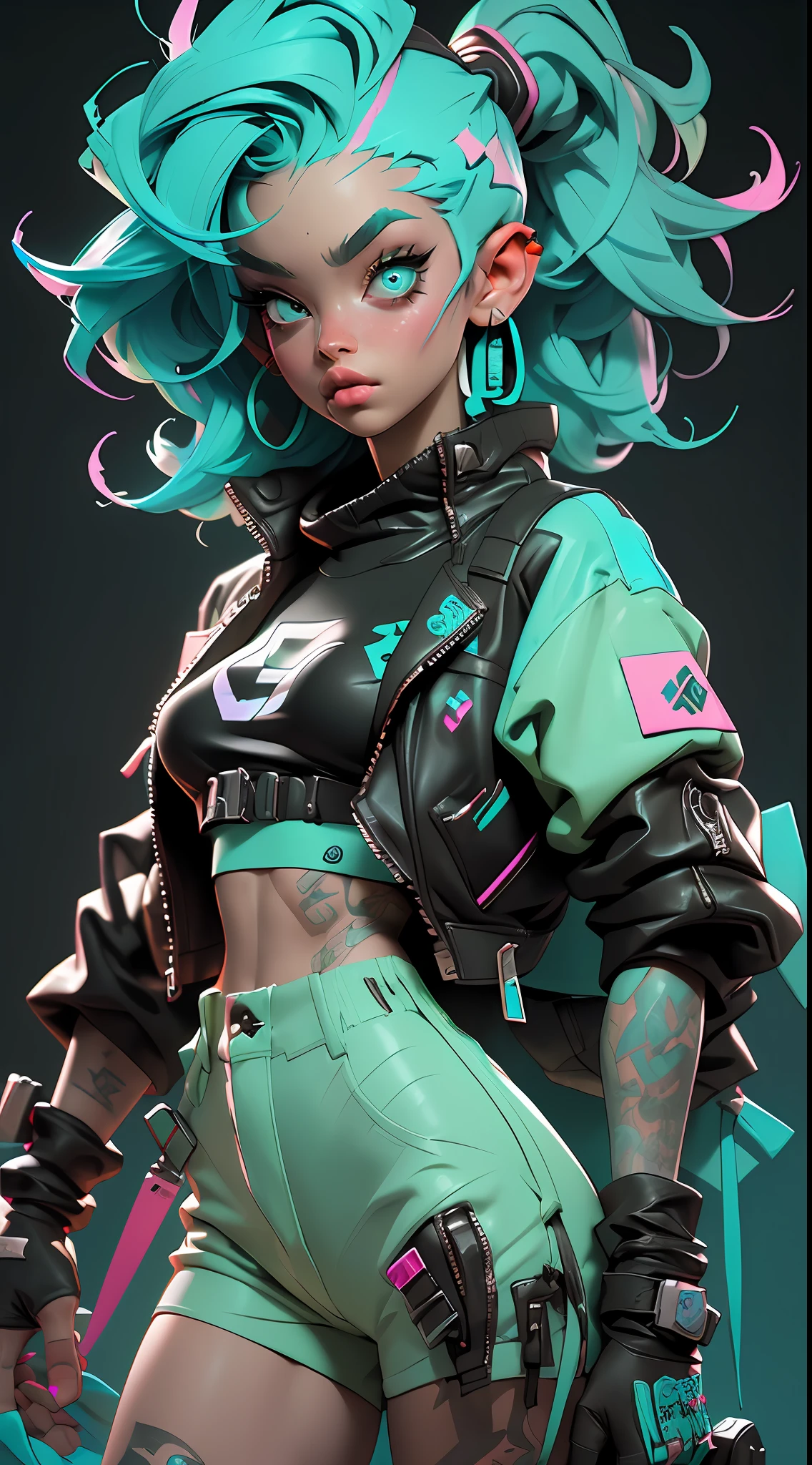 ((Best Quality)), ((Masterpiece)), ((Realistic)) and ultra-detailed photography of a 1nerdy girl with goth and neon colors. She has ((turquoise hair)), wears a techwear jacket and exudes a vibe ((beautiful and aesthetic)).