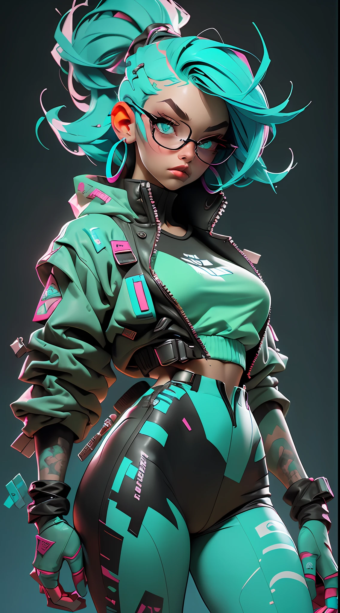 ((Best Quality)), ((Masterpiece)), ((Realistic)) and ultra-detailed photography of a 1nerdy girl with goth and neon colors. She has ((turquoise hair)), wears a techwear jacket and exudes a vibe ((beautiful and aesthetic)).