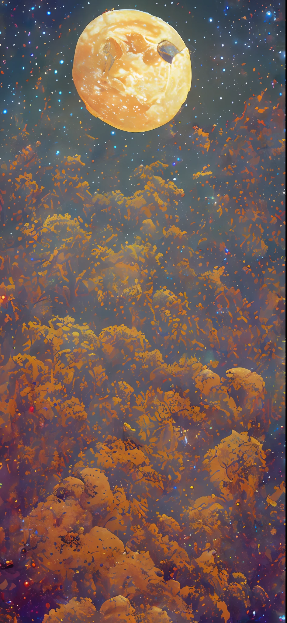 (Highers, ultra detailed, cinematic, UHD), night, mountain, dark sky, (big saturnus in the sky) , galaxy in the sky, nebula in the sky, snowy, (old western bulding) , purple flower field, warm, orange, blue, purple, detailed building, detailed field, detailed sky, shooting star from above, dreamy, magical, fantasy, boy holding lattern, boy looking at the sky