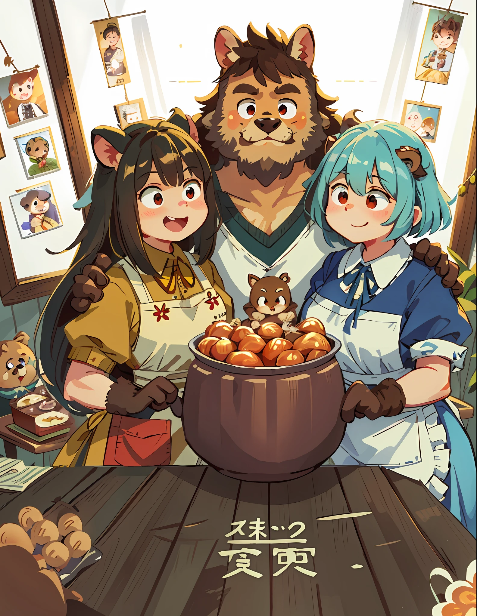 Top quality, family photo, movie poster (log house, kitchen) (very detailed beautiful face and eyes) Perfect anatomy (((beastman))) (beastman, apron, mittens, woman cooking sweets, man hugging from behind, newlyweds) (furry antro: 1.2) (animal facial features of furry body) (animal muzzle very detailed fur) smile (dynamic pose) 、