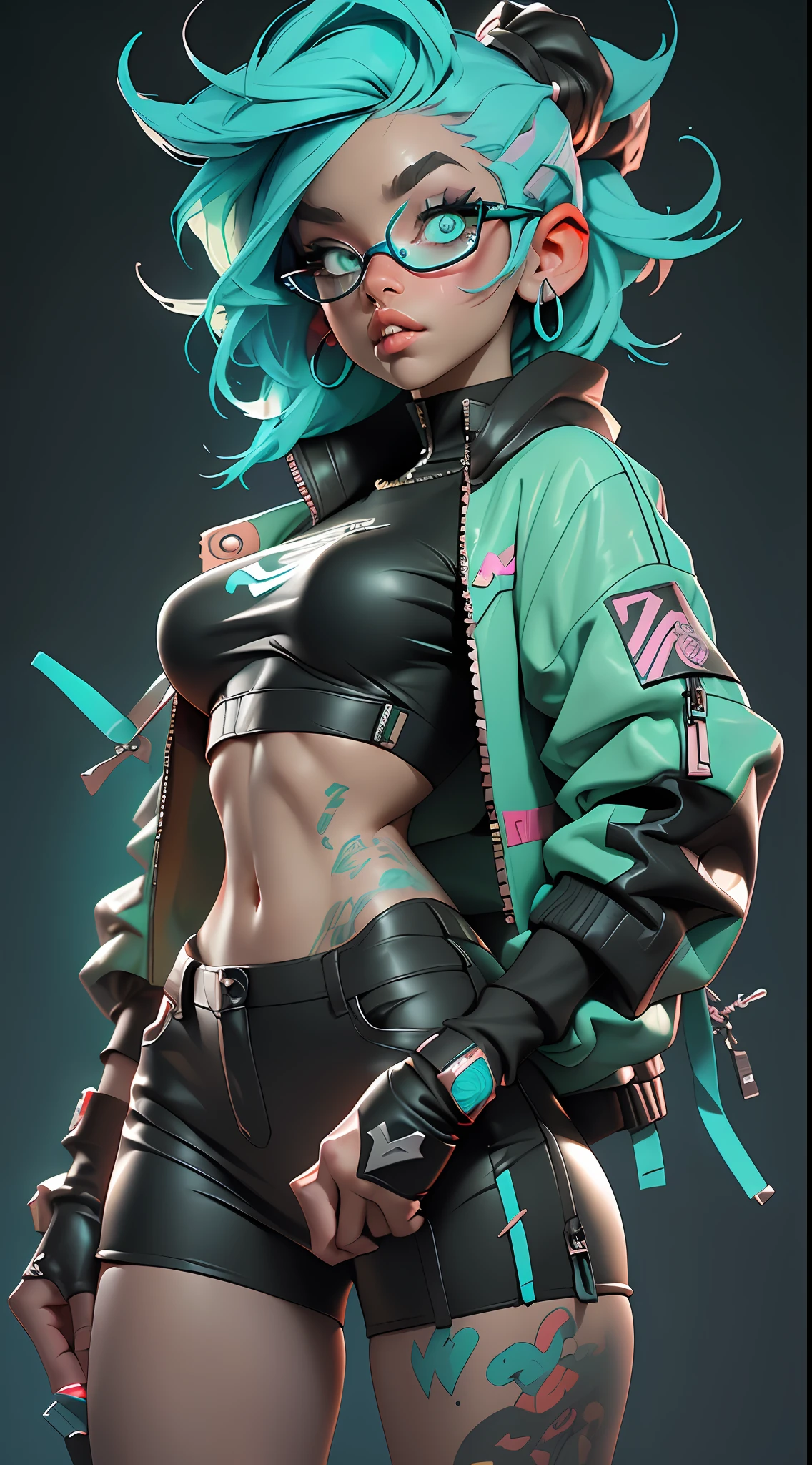 ((Best Quality)), ((Masterpiece)), ((Realistic)) and ultra-detailed photography of a 1nerdy girl with goth and neon colors. She has ((turquoise hair)), wears a techwear jacket and exudes a vibe ((beautiful and aesthetic)), sexy, underboobs, hot