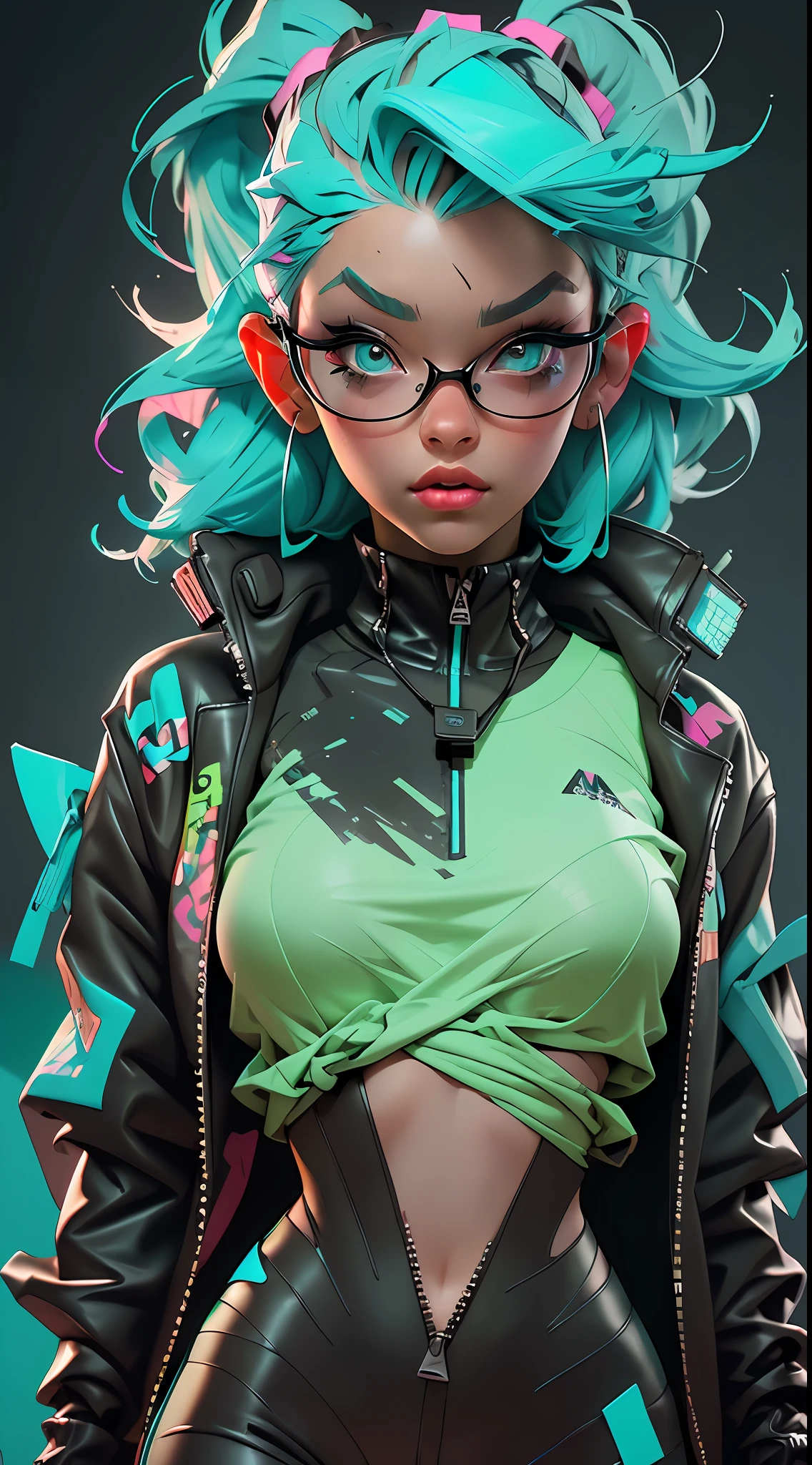 ((Best Quality)), ((Masterpiece)), ((Realistic)) and ultra-detailed photography of a 1nerdy girl with goth and neon colors. She has ((turquoise hair)), wears a techwear jacket and exudes a vibe ((beautiful and aesthetic)), sexy, underboobs, hot