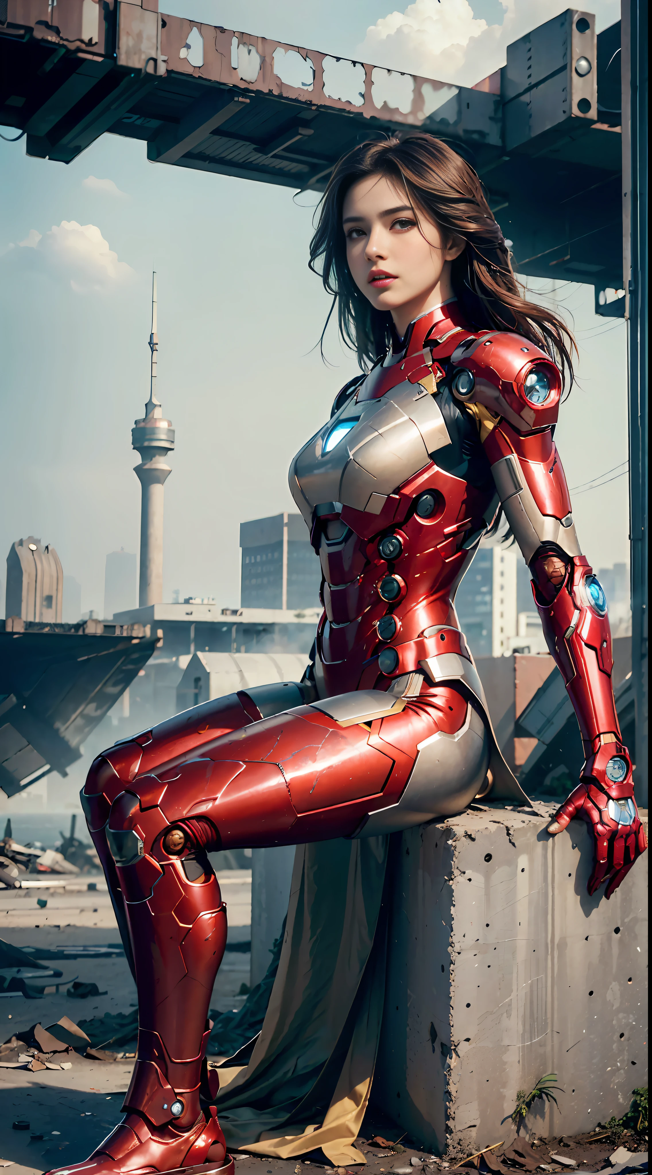 RAW, Masterpiece, Ultra Fine Photo,, Best Quality, Ultra High Resolution, Photorealistic, Sunlight, Full Body Portrait, Stunningly Beautiful,, Dynamic Poses, Delicate Face, Vibrant Eyes, (Side View) , she is wearing a futuristic Iron Man mech, red and gold color scheme, highly detailed abandoned warehouse background, detailed face, detailed and complex busy background, messy, gorgeous, milky white, high detailed skin, realistic skin details, visible pores , sharp focus, volumetric fog, 8k uhd, dslr camera, high quality, film grain, fair skin, photorealism, lomography, sprawling metropolis in futuristic dystopia, view from below, translucent