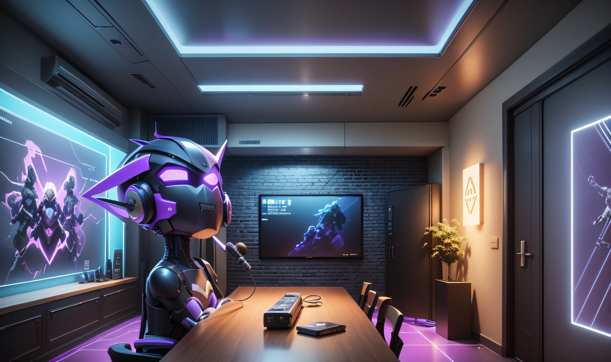 Welcome to your amazing podcast studio. With an enveloping atmosphere, blue and lilac neon lights illuminate the space, with a black brick wall in the background. On the shelf, action figures and pop culture posters create a nostalgic atmosphere. Standing out, a line of lightning-shaped LEDs shines on the wall, with the realistic inscription "Podcast On Air" in 4K Ultra HD resolution. The minimalist ambience features a glass microphone on the table, adding a sophisticated touch. The theme of Cowboy Bebop plays subtly, transporting you to a captivating universe. This is where your ideas come to life, sharing your passions with the world. large room --auto --s2