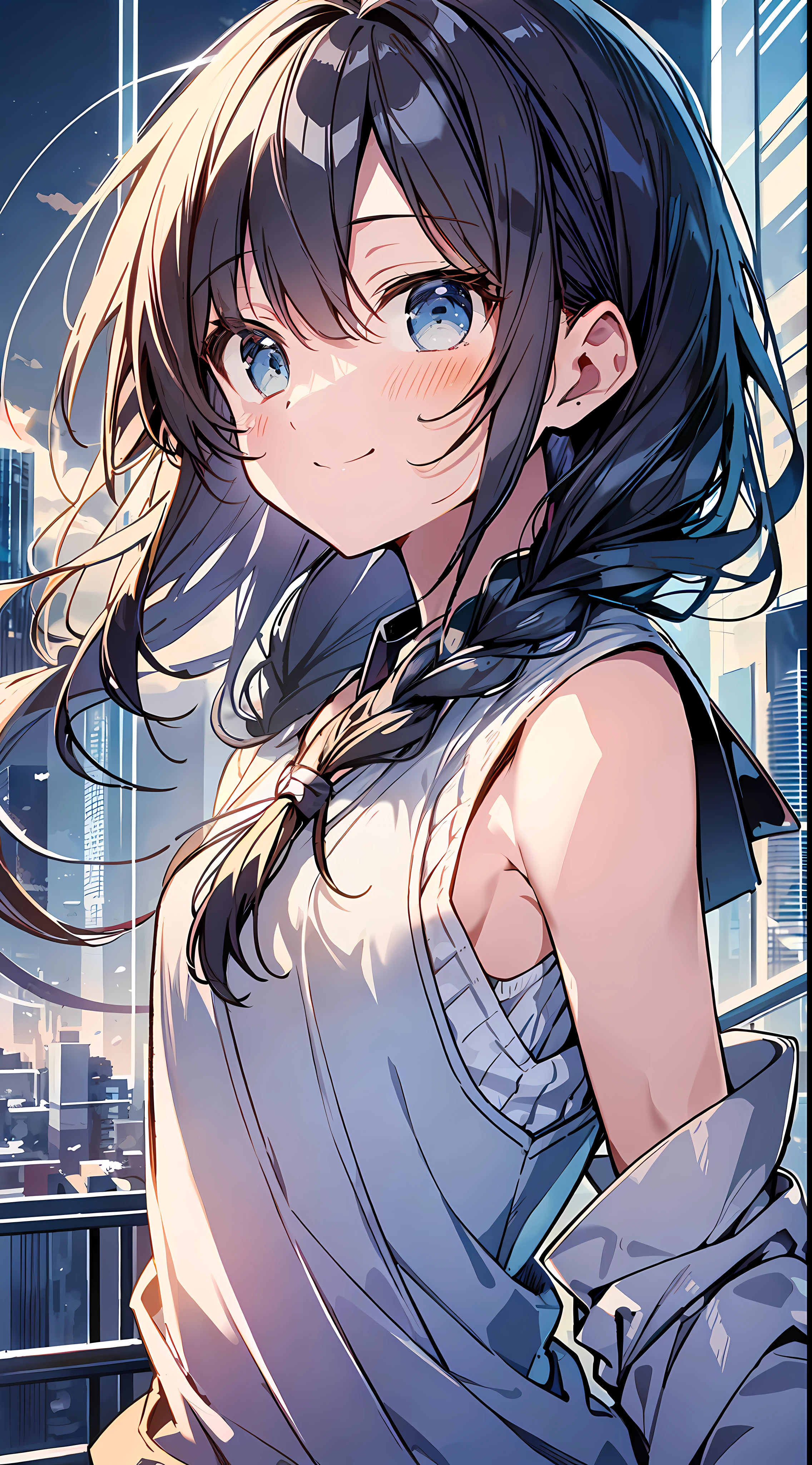 Top Quality, Best Masterpiece, Ultra High Definition, 8K, Light Blue Sweater Vest, Anime Style Little Loli, Single, Ultra Detailed Line Art, Digital Enhancement, Anime Core, Flowing Fabric, Close Up, ((Hair length to shoulder mouth and short braid)), staring at us from the front, soft drawing, beautiful black hair, crisp eyes, smiling smile, ultra-detailed digital anime art, Ultra-detailed anime character art, ultra-detailed manga style, top quality colors, hand gestures, cityscape with nature