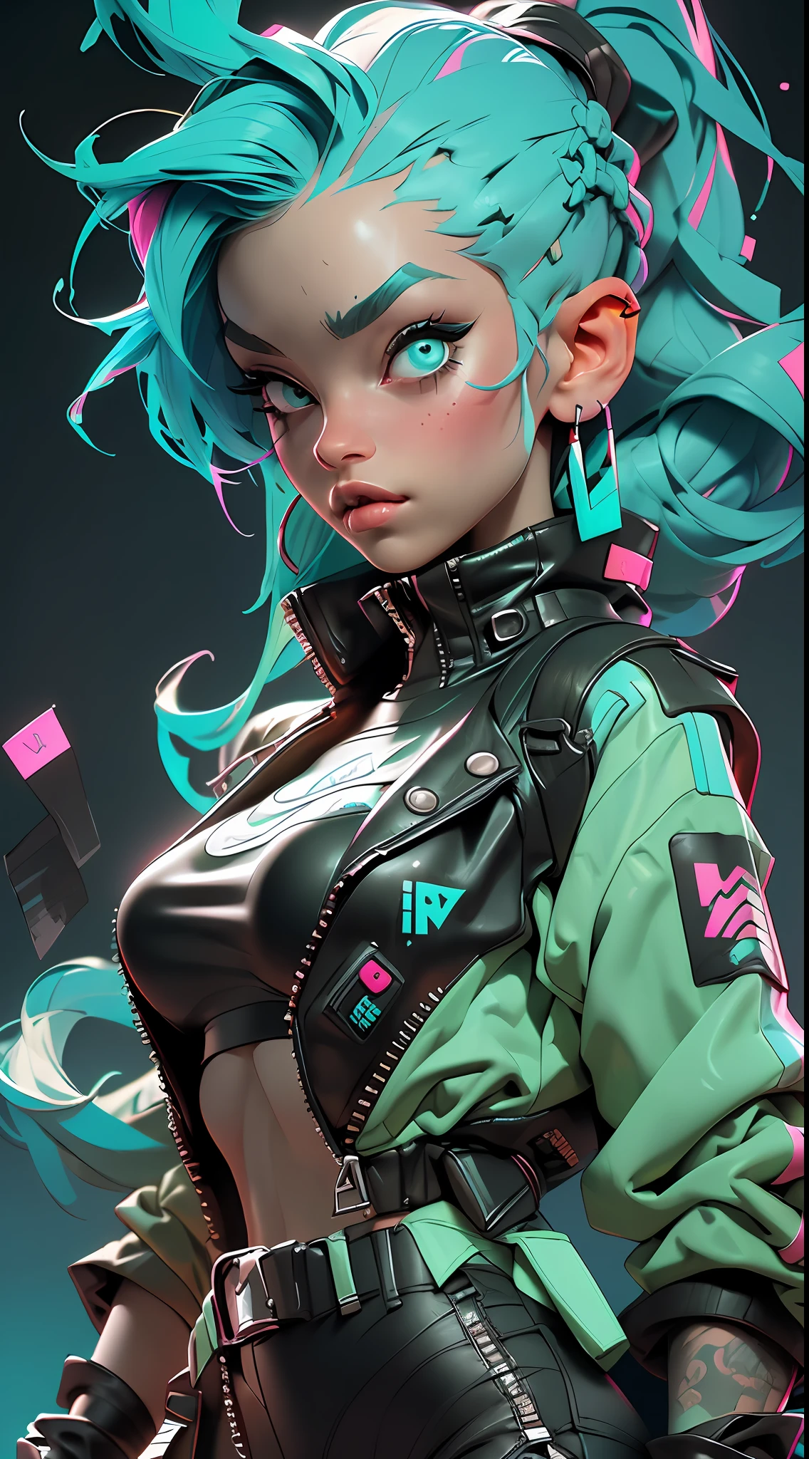 ((Best Quality)), ((Masterpiece)), ((Realistic)) and ultra-detailed photography of a 1nerdy girl with goth and neon colors. She has ((turquoise hair)), wears a techwear jacket and exudes a vibe ((beautiful and aesthetic)), sexy, underboobs, hot