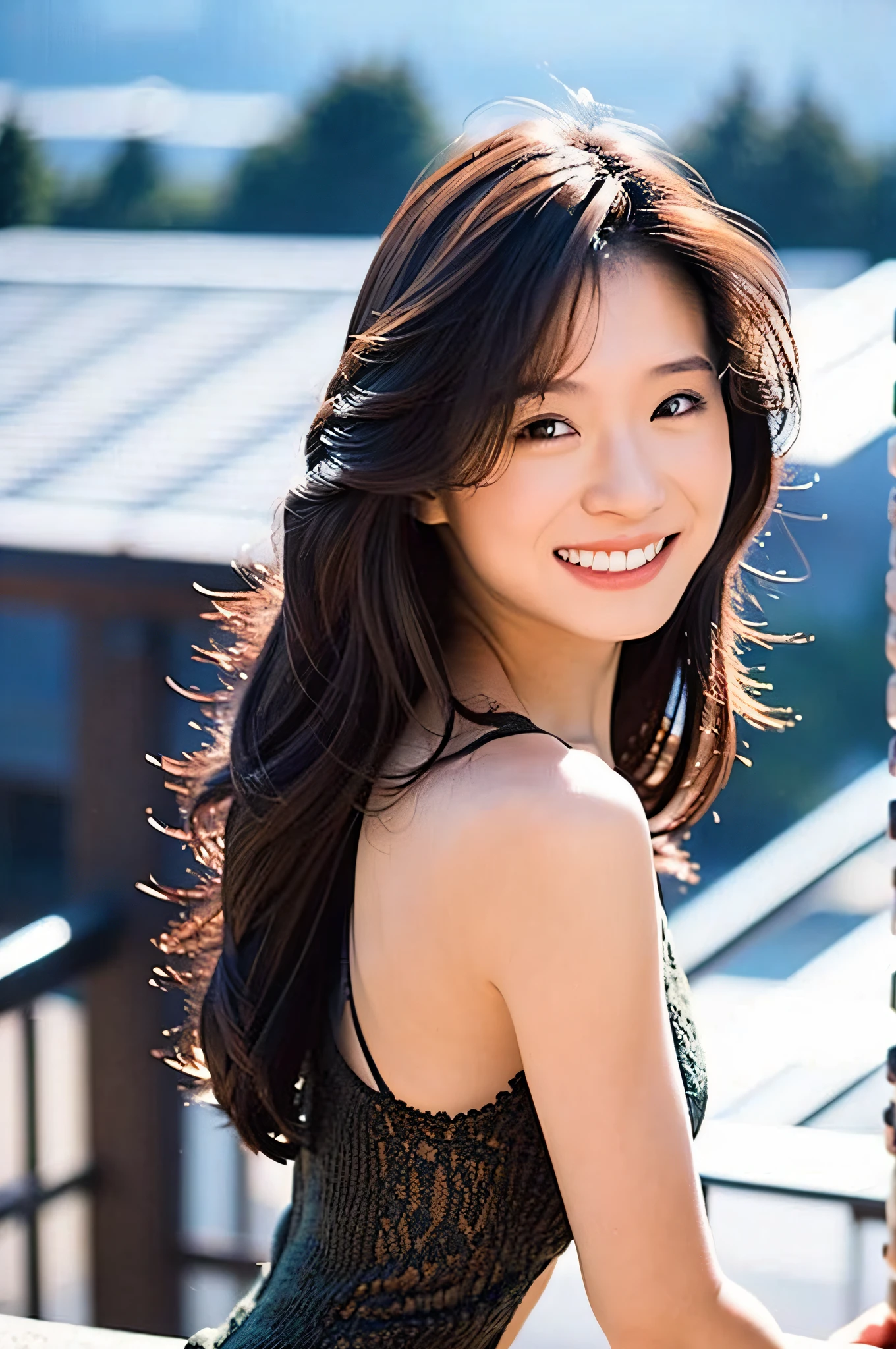 (Photorealistic: 1.8),
dark brown hair, A-line haircut, 1 girl, rooftop,
Very detailed clothes, tank top, beautiful ass, smiling smile,
As a fashion model,