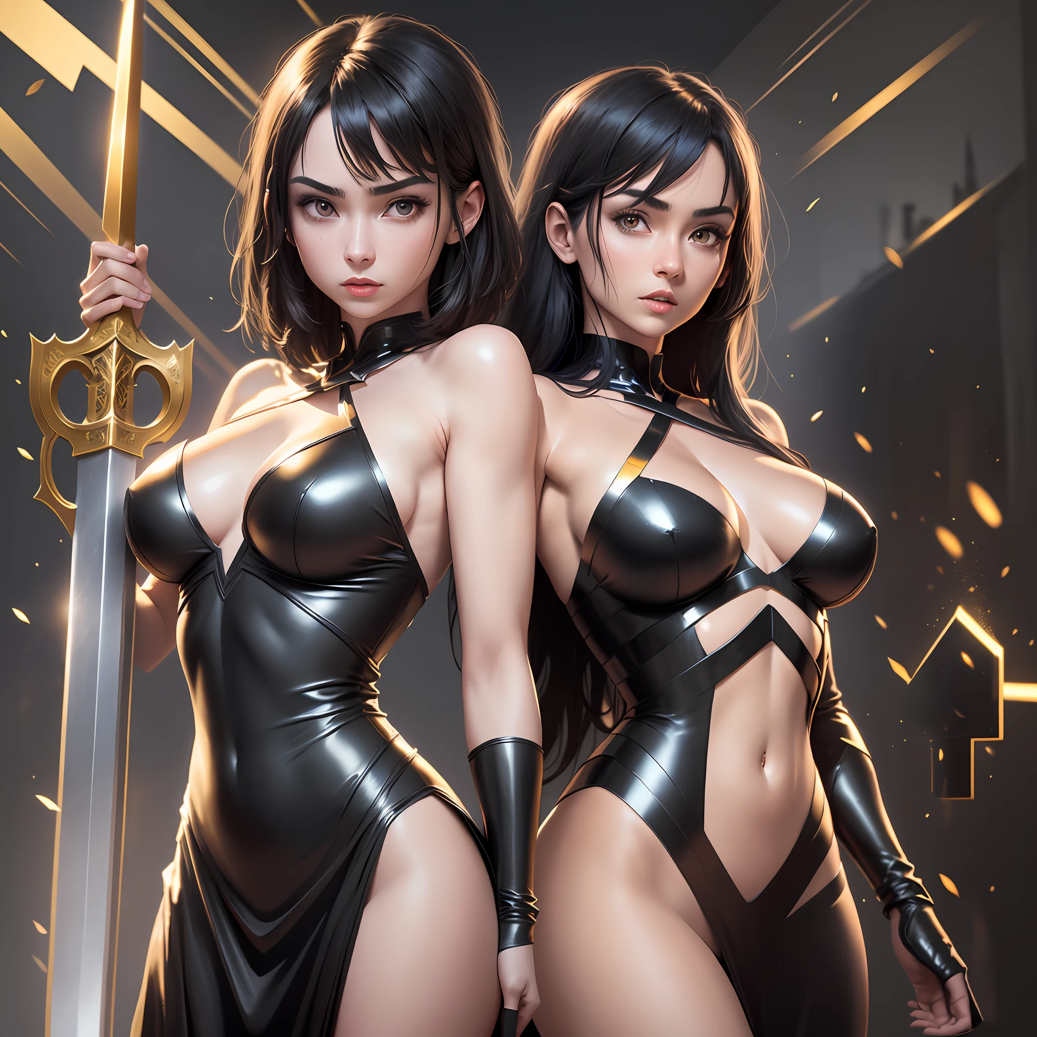 ((Best quality)) a beautiful woman with black dresses [ black dresses with golden parts ] and short black hair ( with golden strands ), golden eyes, serious look, pale skin, with a sword in hand, whitish skin, sexy body, screaming, night lighting, location: castle, HDR (High Dynamic Range),Radiosity, Depth of field, Maximum clarity and sharpness, Multilayer textures, and specular maps,  Surface shading, Accurate simulation of light-material interaction, Perfect proportions, Two-tone lighting,Wide aperture,ISO,White balance,Rule of thirds,