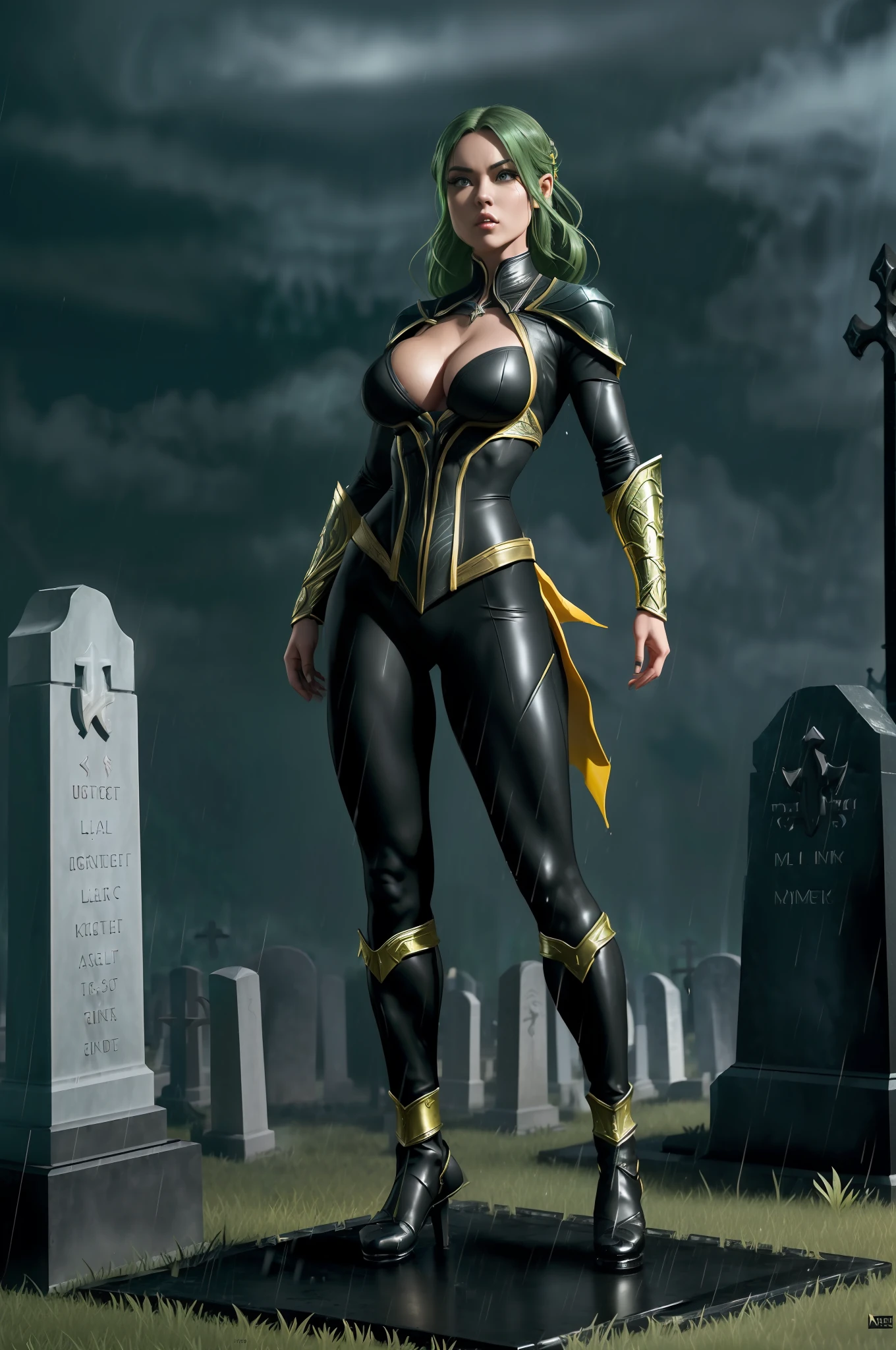 (full body image:2), 1Princess Zelda+standing, (big breasts:1.5), (she's wearing the Mortal Kombat Scorpion costume+black suit+yellow parts:1.3), (she's inside a cemetery tonight, raining very hard:1.5), (she's got blue eyes:1.2), (she's got short green hair:1.2), (she's looking at the viewer), holding a Katana,  attached to a chain, she's nervous, Eye-Level Shot, Mortal Kombat Style, 16k, best quality, high detail, UHD, masterpiece, anatomically correct