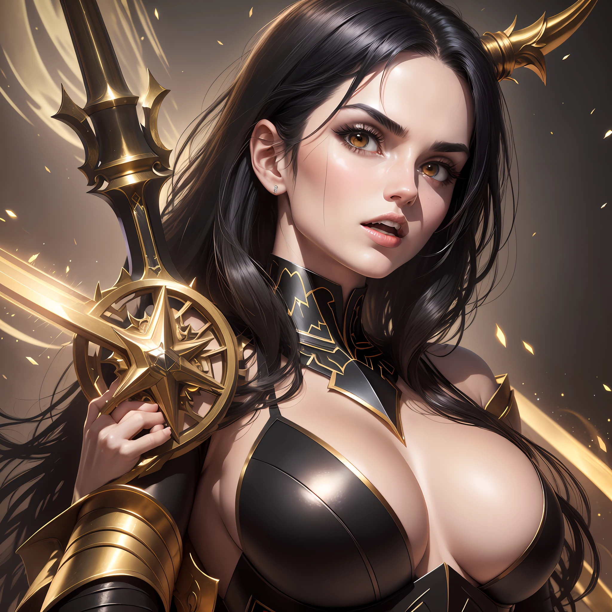 ((Best quality)) a beautiful woman with black dresses [ black dresses with golden parts ] and short black hair ( with golden strands ), golden eyes, serious look, pale skin, with a sword in hand, whitish skin, sexy body, screaming, night lighting, location: castle, HDR (High Dynamic Range),Radiosity, Depth of field, Maximum clarity and sharpness, Multilayer textures, and specular maps,  Surface shading, Accurate simulation of light-material interaction, Perfect proportions, Two-tone lighting,Wide aperture,ISO,White balance,Rule of thirds,