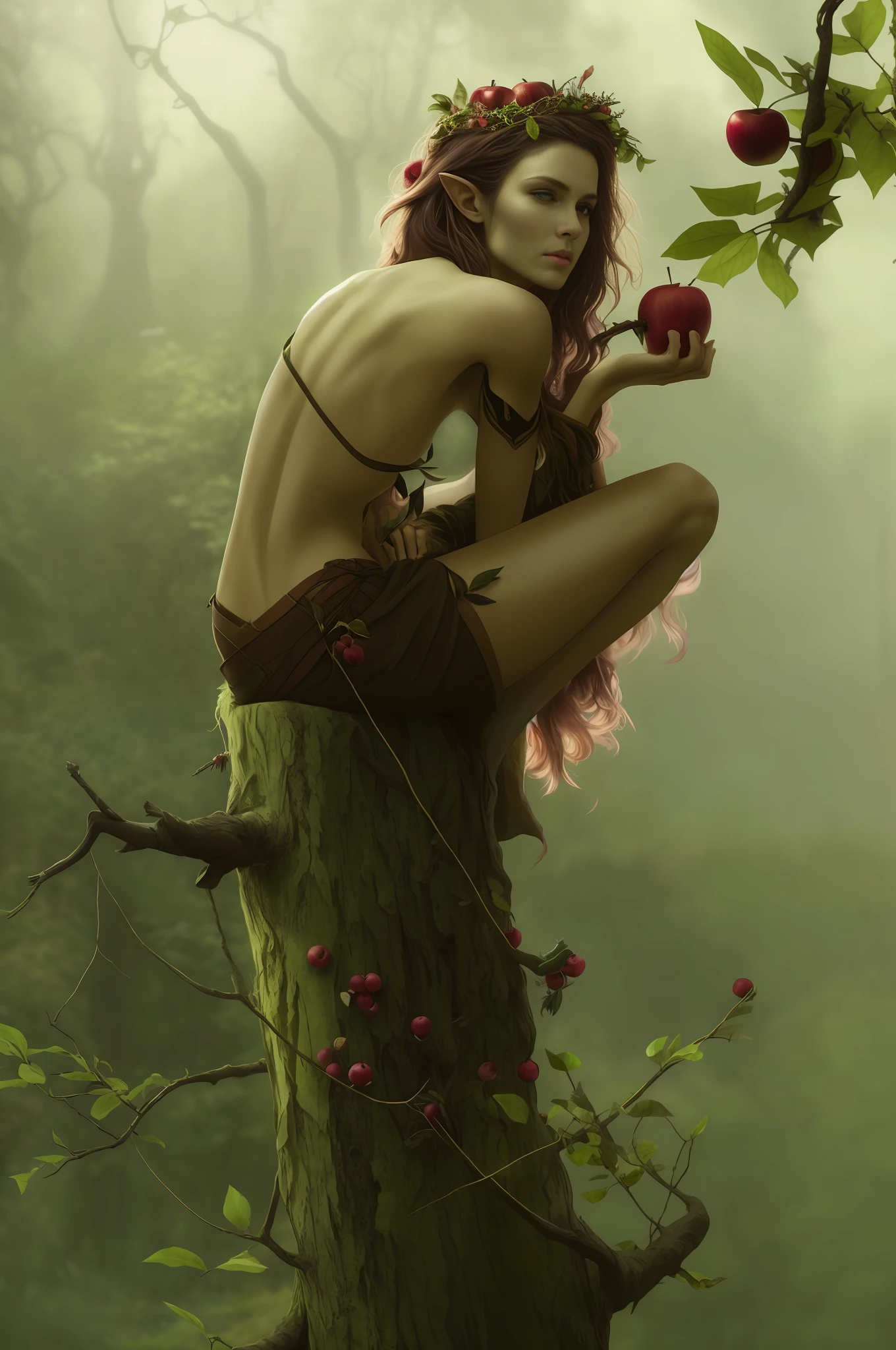 there is a woman sitting on a tree branch with apples, martial artist dryad, dryad, female druid forest druid, dryad in the forest, forest dryad, portrait of a dryad, goddess of the forest, forest hunter lady, inspired by Wadim Kashin, wadim kashin. ultra realistic, beautiful wood elf, hyperrealistic fantasy art