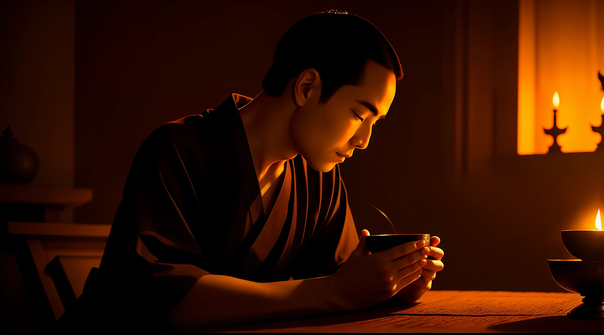 Monk man in tunic prays in lotus pose, cup of tea, by Fang Congyi, fantasy art, (dark atmosphere:1.1), cinematic, intricate, dof