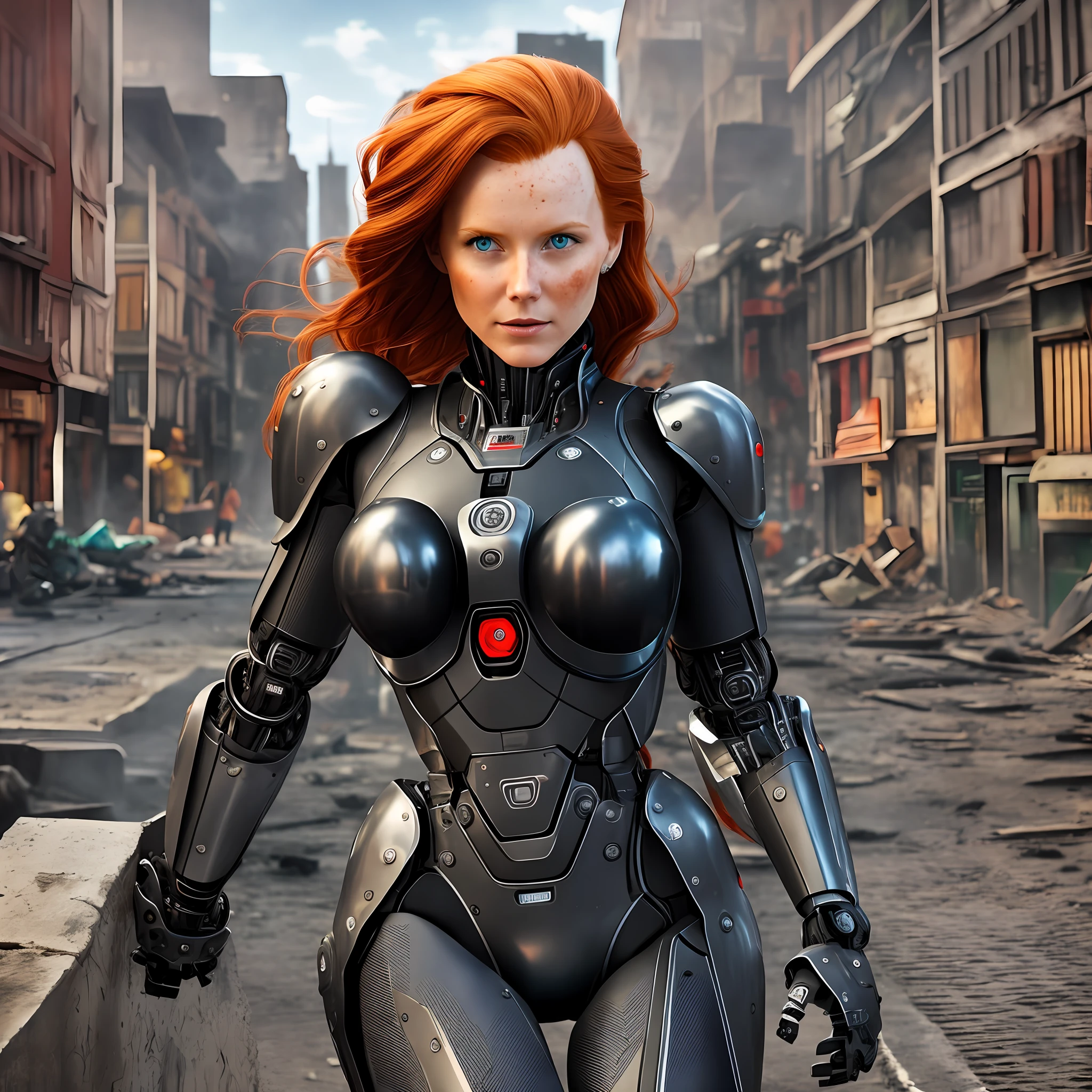 Robotic redhead woman destroyed city Super realistic well detailed