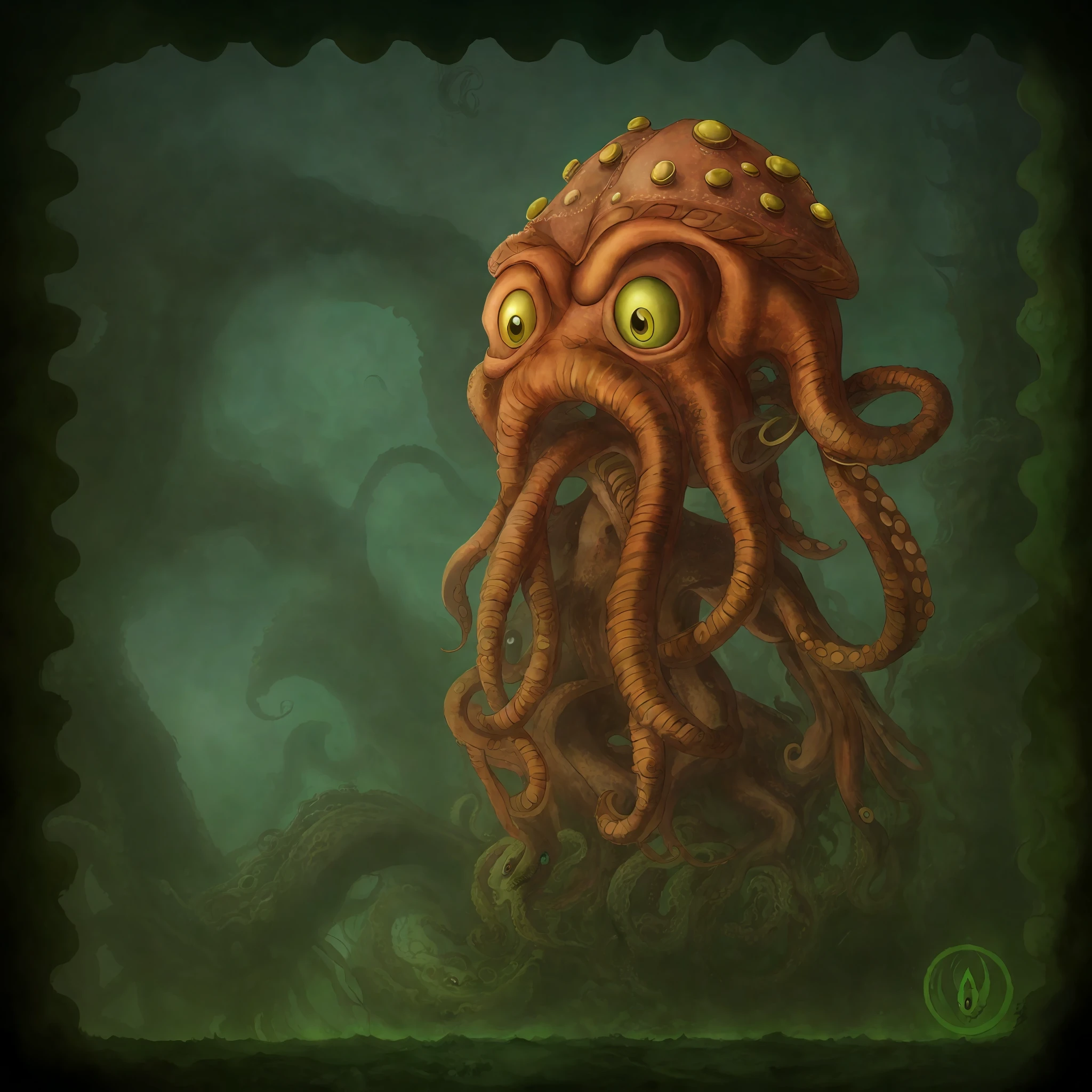 there is a cartoon octopus with a hat on its head, anthropomorphic octopus, cyborg octopus, cthulu, tentacle monster, cthulu portrait, cthulhu squid, minion as lovecraft's monster, mad cuttlefish, cthulhu, tentacled creature mix, tentacle beast, lovecraftian monster, lovecraftian creature
