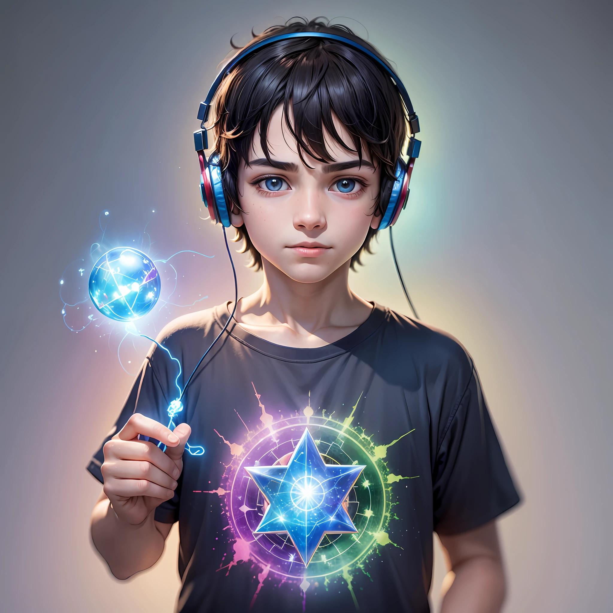 A special autistic boy with incredible super powers, with a special view of the world, holding a brightly shining magic stone, , with autistic features such as headphones and a T-shirt with a colorful puzzle