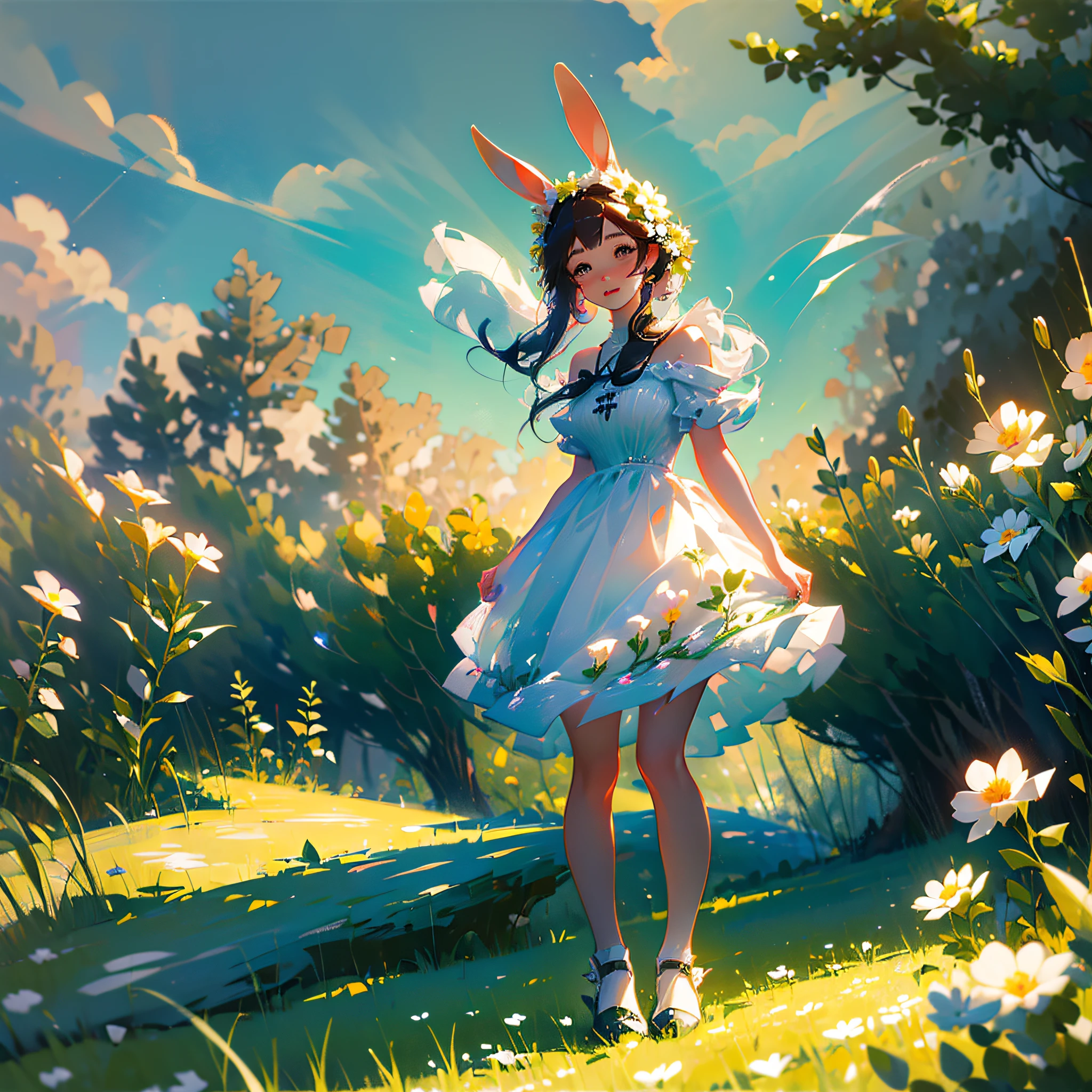 (((best quality))),(((ultra detailed))),(((masterpiece))),illustration,1girl,bunny girl,outdoor scene,white dress,fluffy tail,happy expression,standing pose,side view,looking at the sky,holding a carrot,flower field background --auto --s2