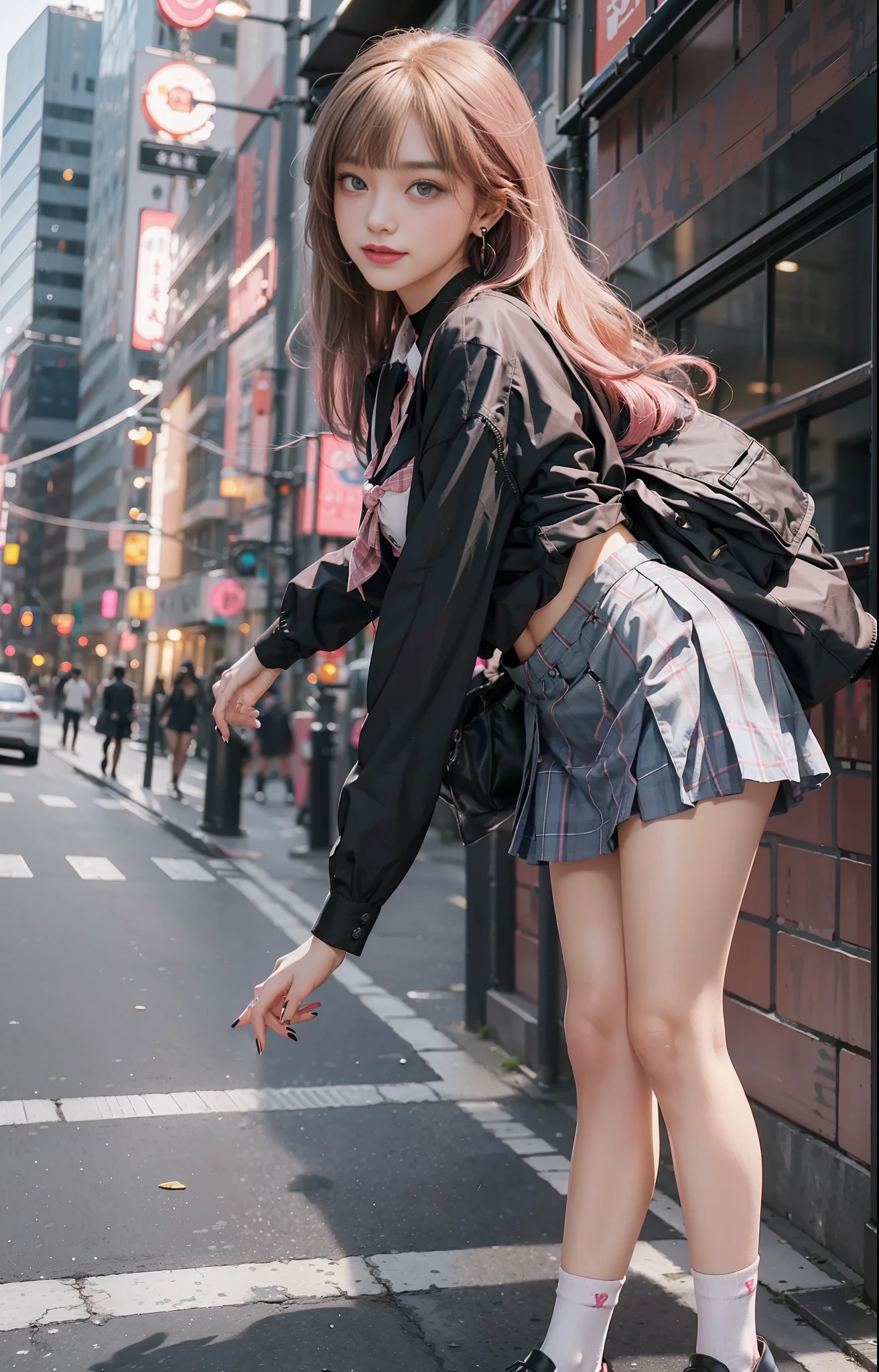 Kitagawa Marin, (pink eyes: 0.8), (1 girl: 1.4) (normal head-to-body ratio: 1.4) (tall long legs: 0.4)
(school uniform), (light blue tie), (blue plaid pattern skirt 1.3), brown leather shoes, (white short socks), blush
(Black choker collar: 0.8) Girl Standing (long eyelashes: 1.5), smile, various poses (Night City: 1.1) Night (Black Sky) City high-rise, Tokyo Tower, car, (Bending over: 1.5) (Dark: 1.6)
Blonde hair, oblique bangs, 8-point bangs, (long eyebrows: 0.9), (red lips: 0.5)
To waist-length hair, long hair, spread hair, full body, smile
Earrings (pink eyes: 1.4)
(Nail art: 0.5)
(25-year-old girl: 0.4)
(Extrovert: 0.9)
assertive
daring
Happy