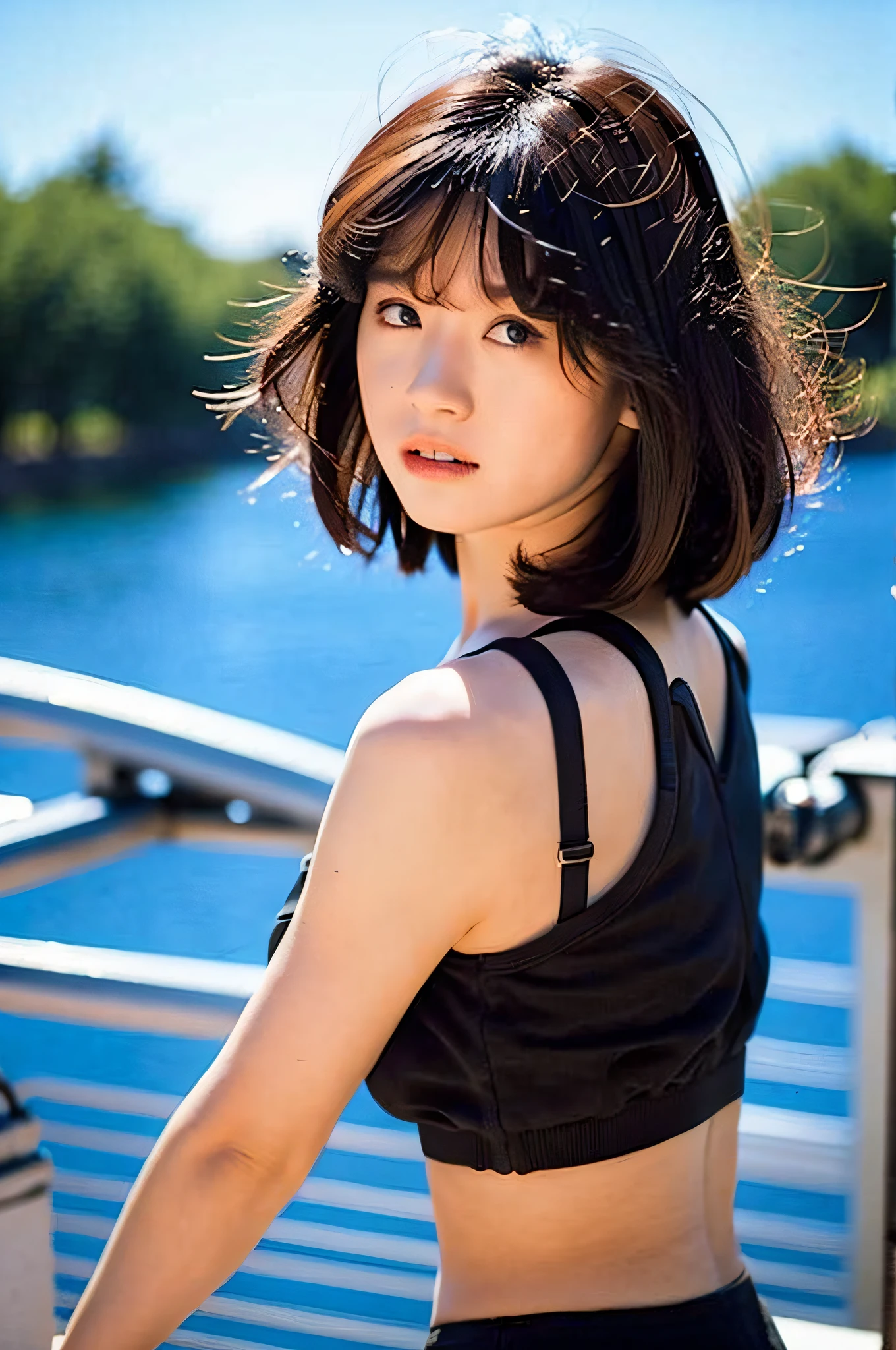 (Photorealistic: 1.8),
dark brown hair, A-line haircut, 1 girl, rooftop,
very detailed clothes, tank tops, beautiful ass,
As a fashion model,