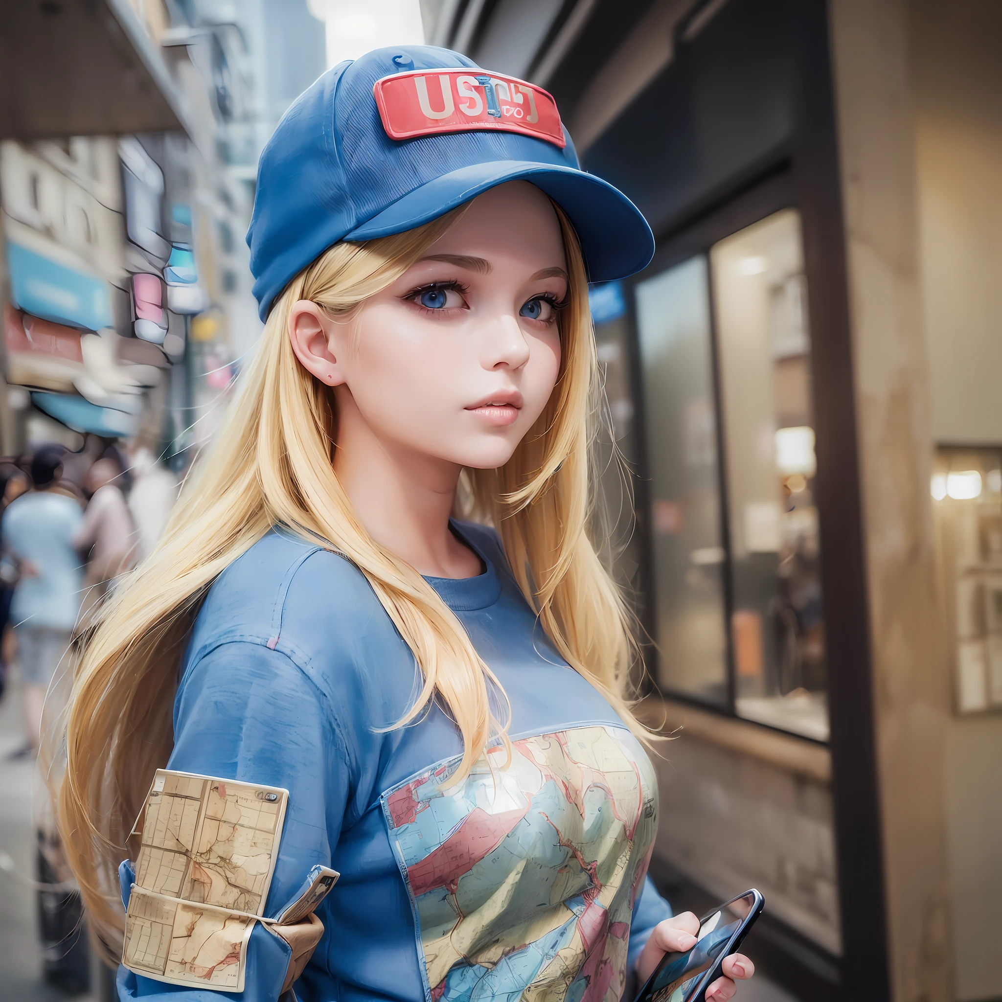 ((beautiful girl REALISTIC (ULTRA REALISTIC), (CELL PHONE IN HAND) and (BLONDE HAIR, BLUE CLOTHES,RED CAP MAP))) 4K 8K:: realistic::4 cyberpunk::1 --v 4 --quality 2 --auto --s2
