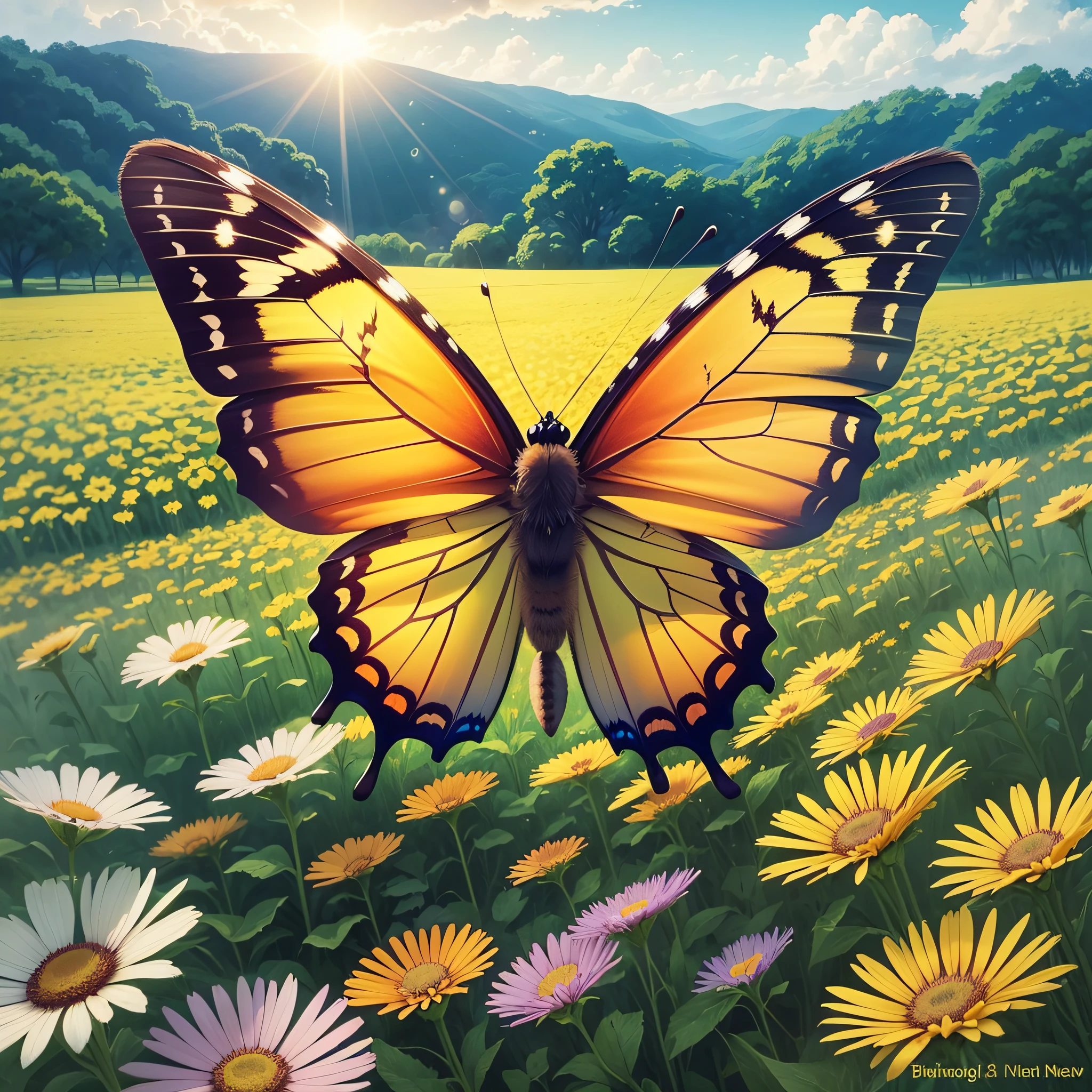 there is a butterfly that is flying over some flowers, bright sunny summer day, butterflies and sunrays, sunny meadow, flowers and butterflies, summer meadow, field of flowers background, bright sunny day, dreamy floral background, meadow with flowers, flower garden summer morning, beautiful sunny day, bright summer day, natural background, meadow flowers, rays of sunshine, nature background --auto --s2