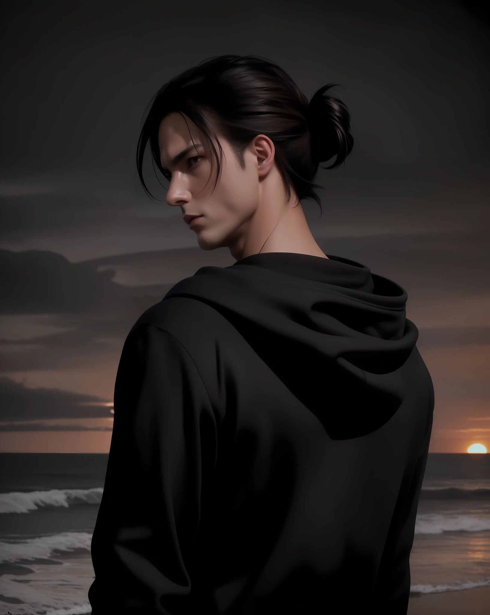 best quality, masterpiece, (realistic: 1.2), 1 man, Eren Jaeger, real life, live action, black jeans, black pants, brown hair, attack on Titan, long hair, abs, muscles, shirtless, sunset background, fitness, fit body, slim body, high definition, high quality, gigachad, stubble beard