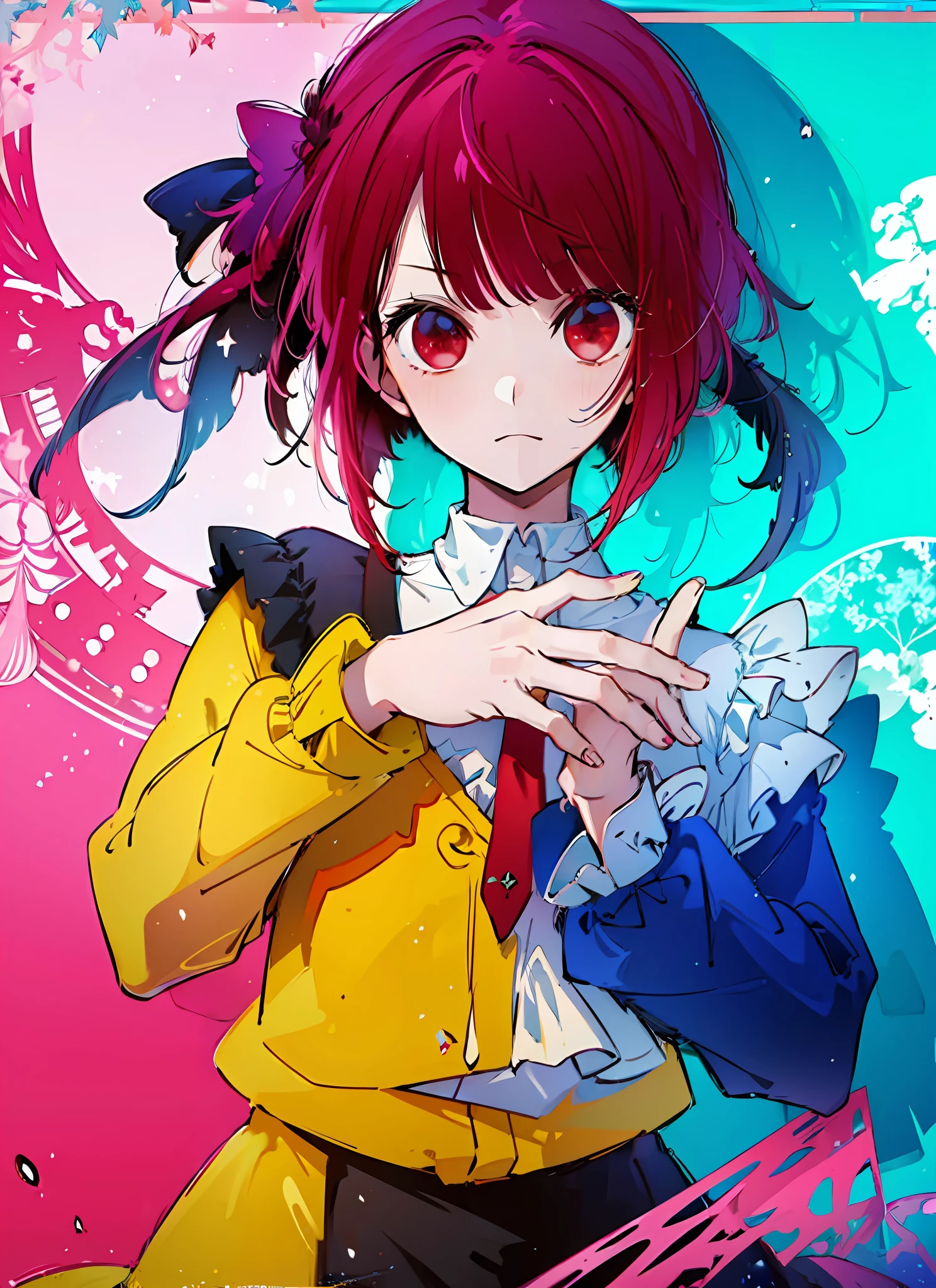 (flat color:1.3),(colorful:1.3),(masterpiece:1.2), best quality, masterpiece, original, extremely detailed wallpaper, looking at viewer,1girl,solo,floating colorful water, red hair, red eyes, medium breast